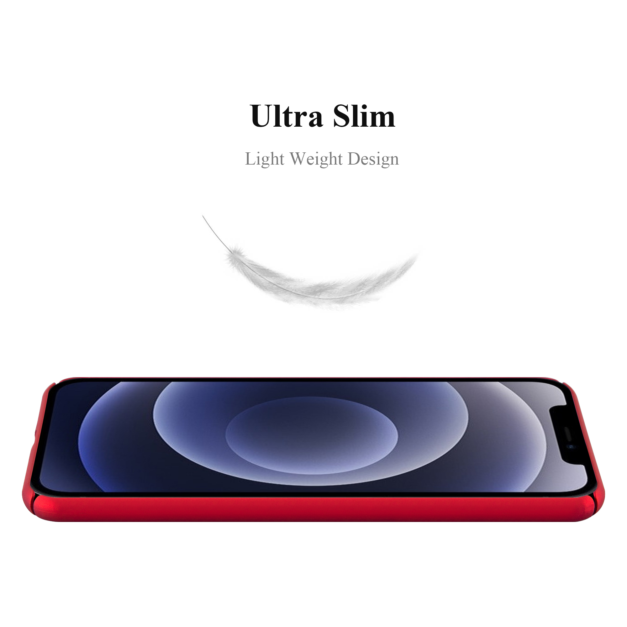 Rote Handyhülle auf Weiß, Telefonbildschirm sichtbar. Ultra-schlankes Design mit Federgrafik.