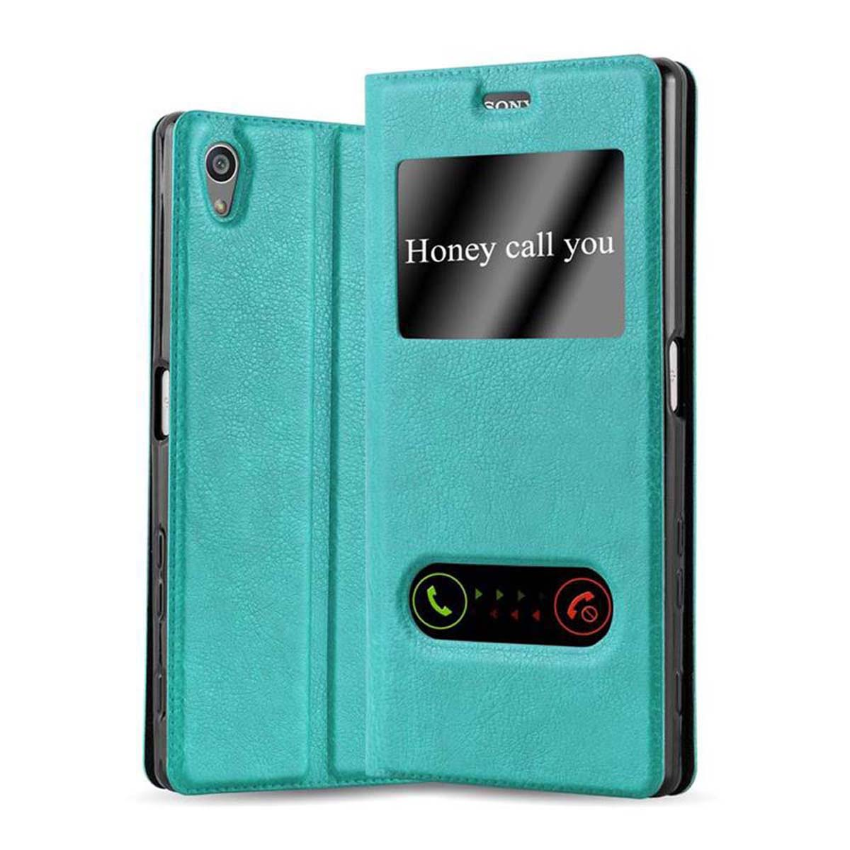 Funda de teléfono verde azulado abierta, con un teléfono dentro. La funda tiene ventana con texto "Honey call you".