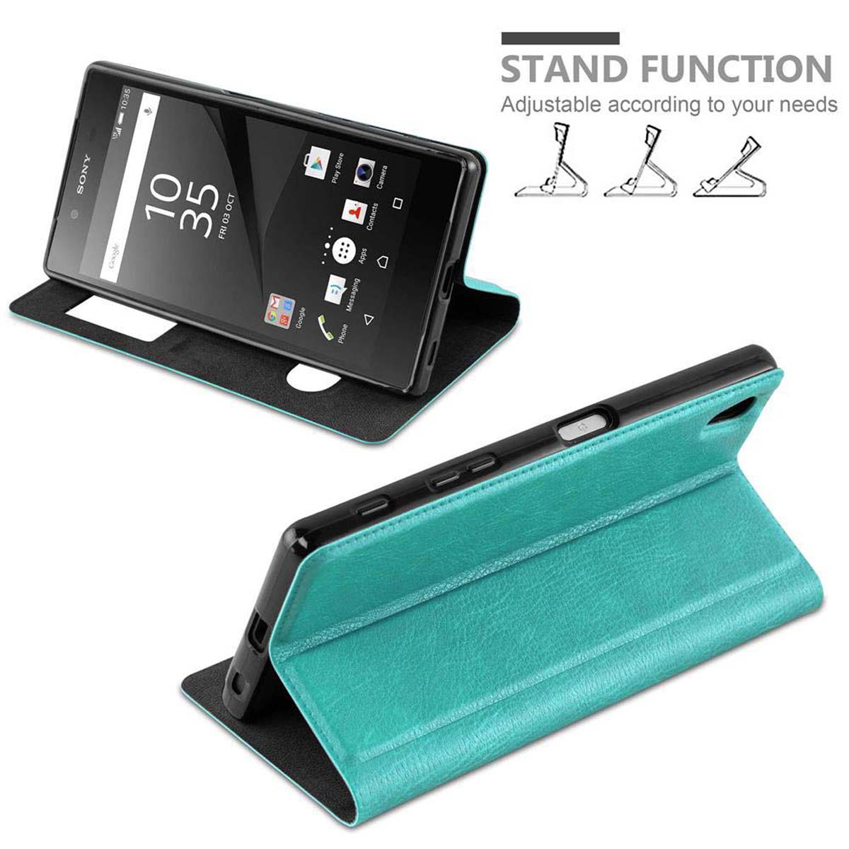Funda de teléfono con un teléfono dentro, la funda está abierta. La funda tiene una función de soporte.