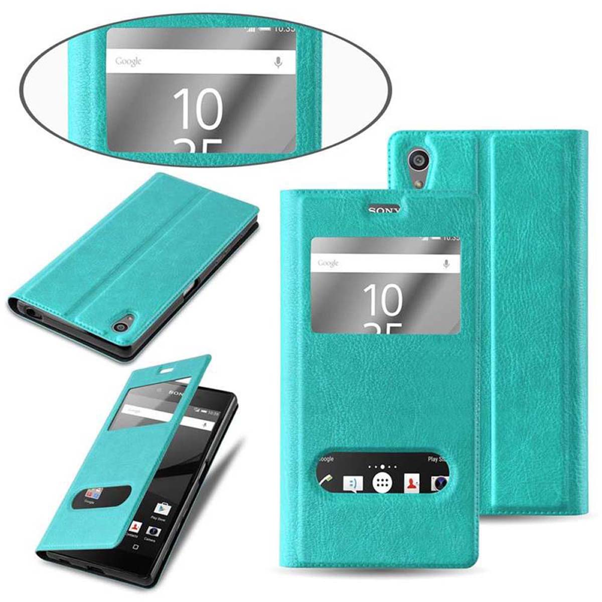 Funda de teléfono verde azulado con un teléfono dentro. Múltiples vistas de la funda y el teléfono.