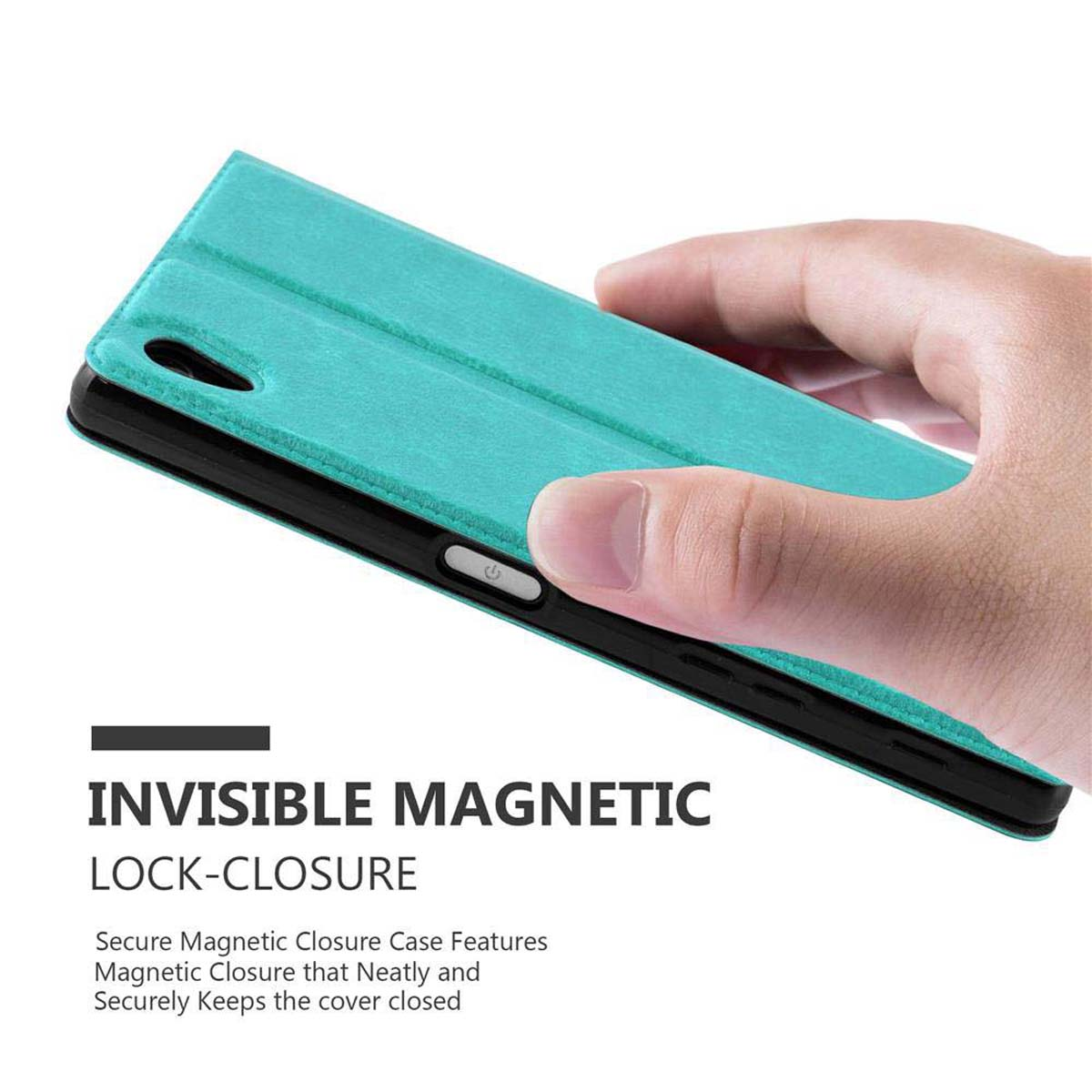 Funda de teléfono cerrada. Muestra el lado con cierre magnético. Funda oscura.