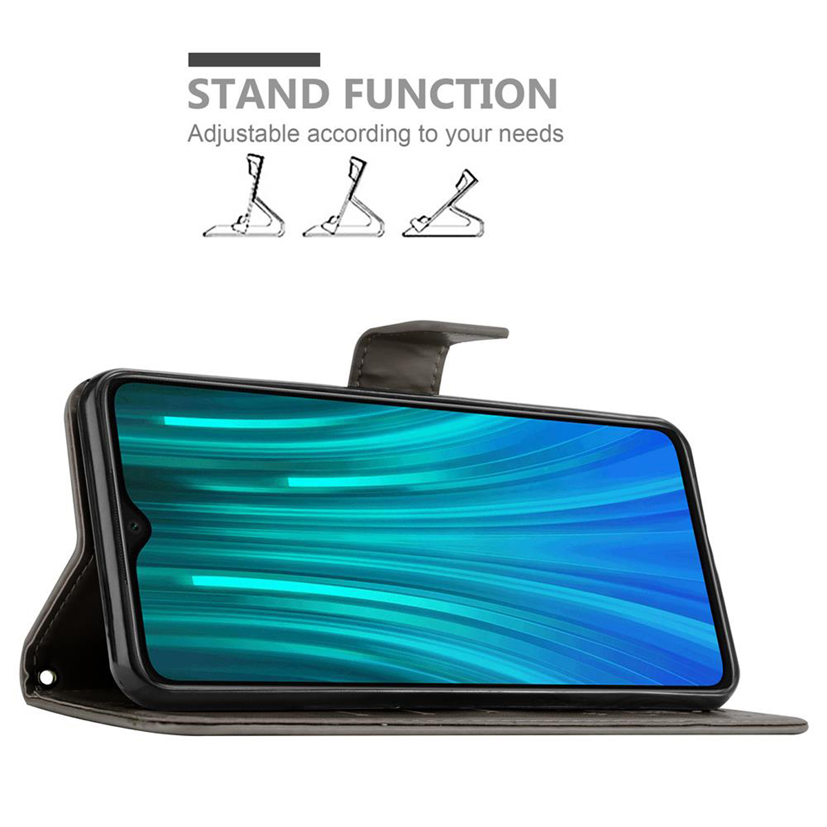 Telefono in custodia grigia, schermo mostra un motivo blu. Testo dice 'STAND FUNCTION' e diagrammi di supporti.