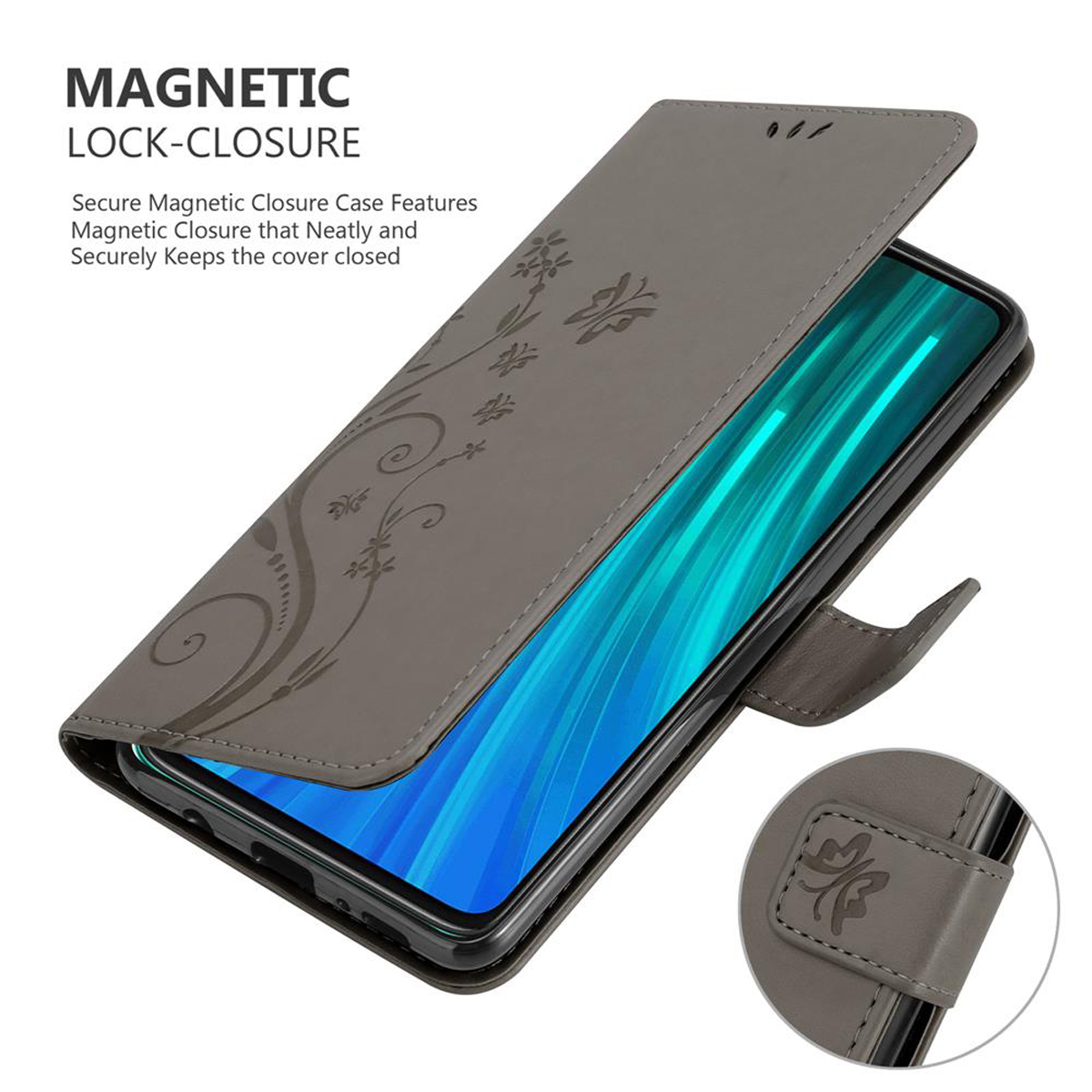 Custodia grigia per telefono con design floreale, aperta. Si vede un telefono blu.