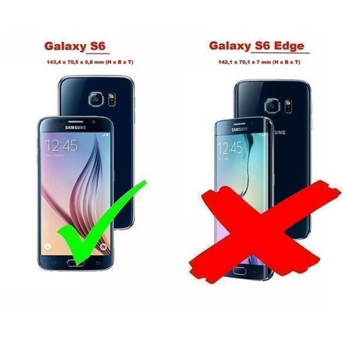 Confronto telefonico. Il telefono a sinistra va bene, quello a destra no. Icone di spunta verde e X rossa.