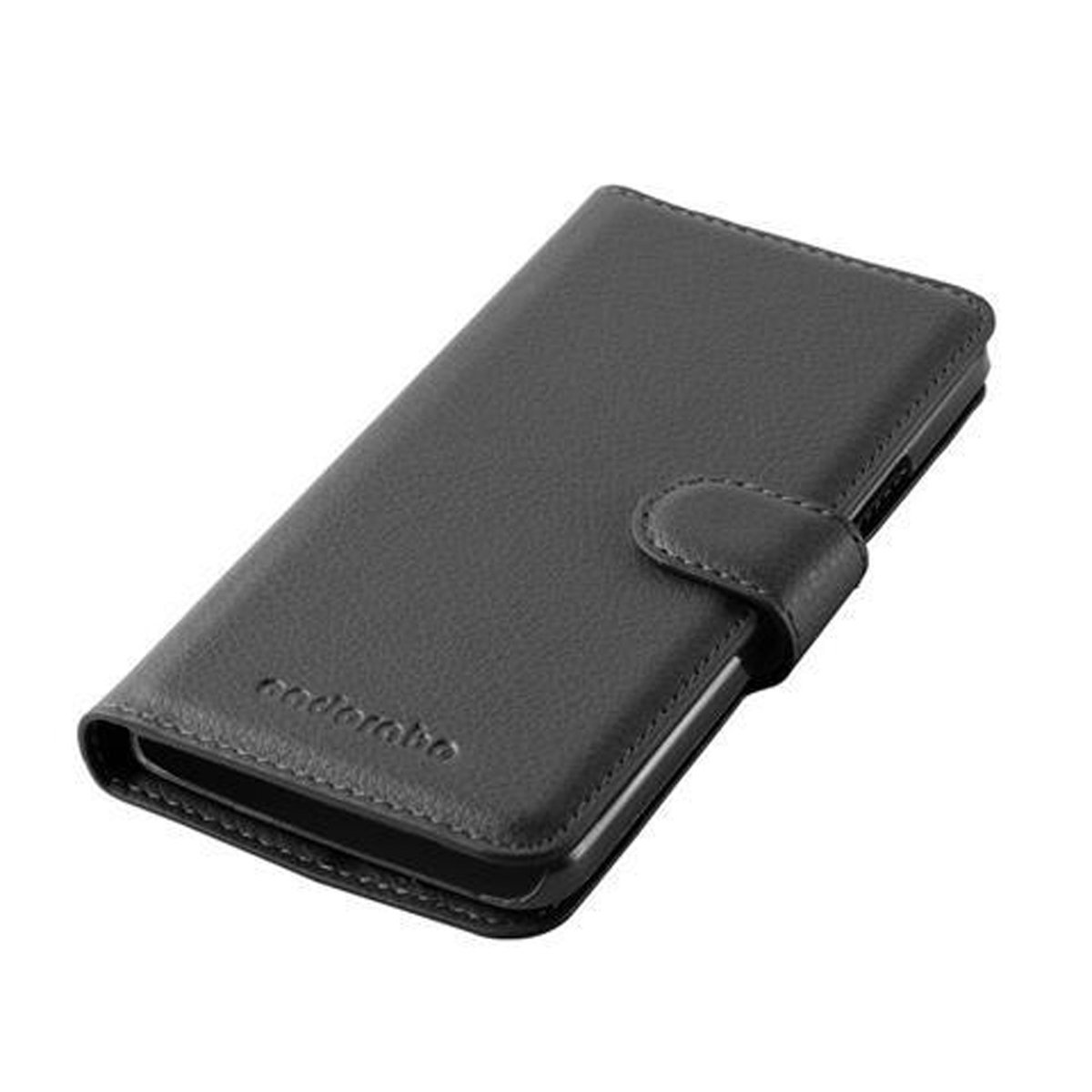 Custodia per telefono nera chiusa con chiusura magnetica.