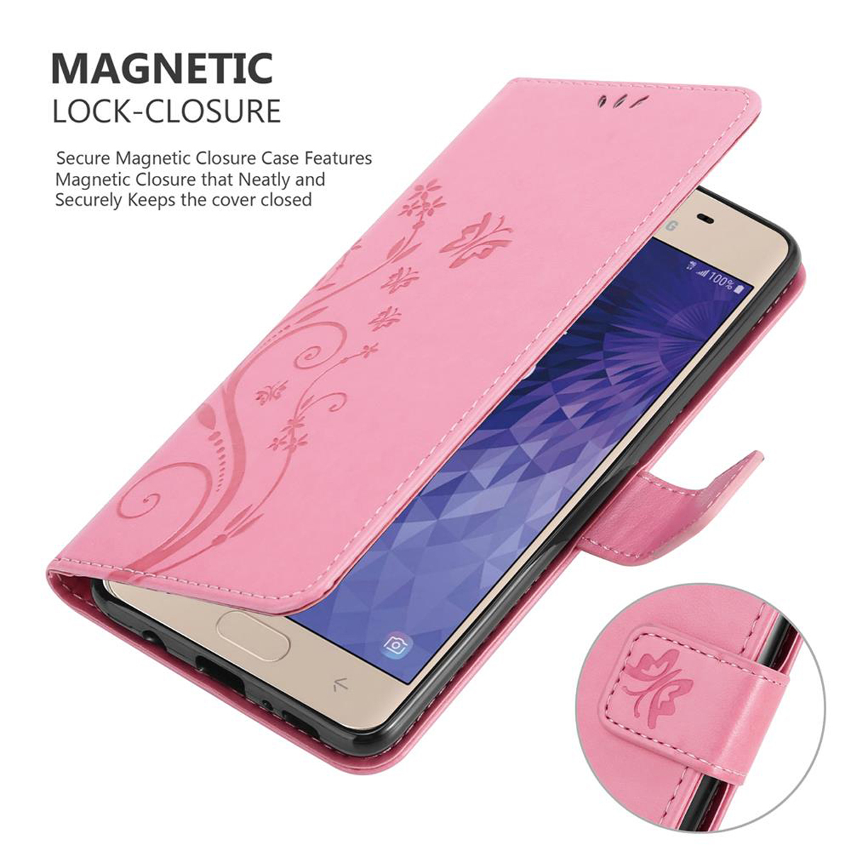 Custodia rosa per telefono con design floreale. Dettagli del telefono e chiusura.