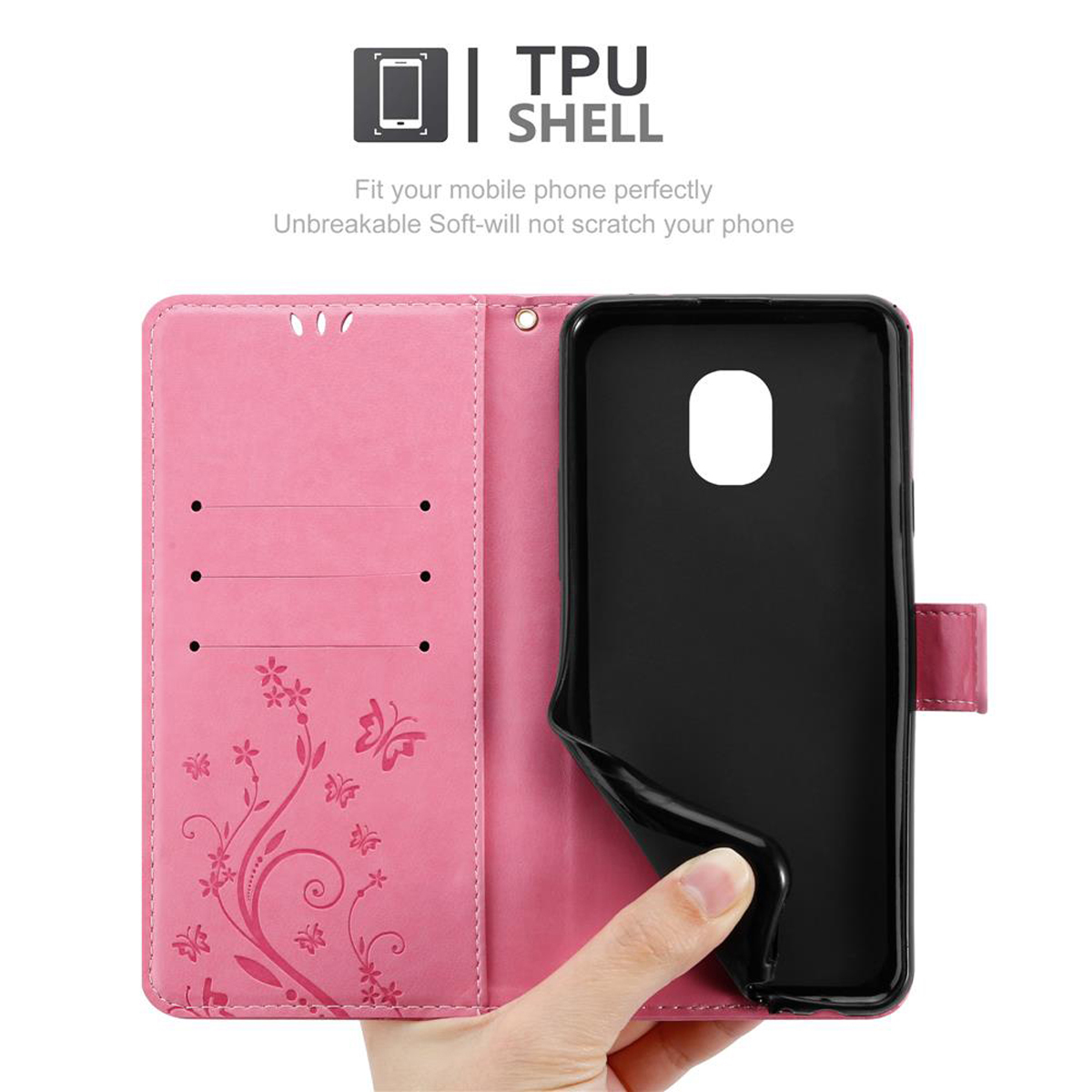 Custodia per telefono rosa con design floreale, aperta, mostra un telefono, guscio in TPU.