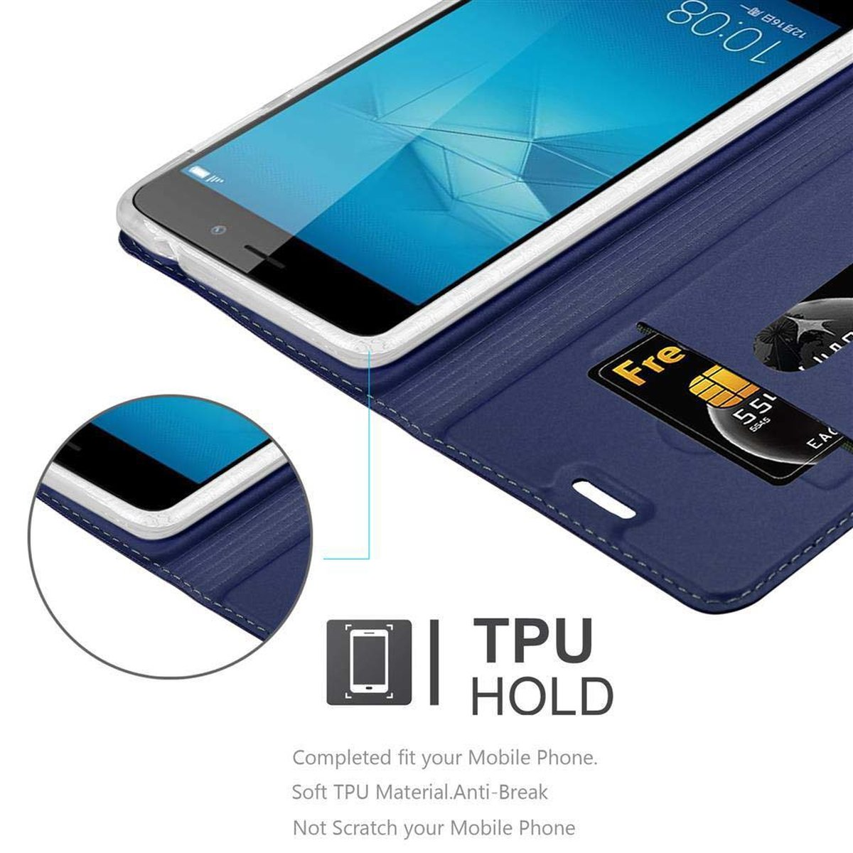 Custodia blu per telefono con un telefono all'interno, una carta e le parole TPU HOLD. Lo schermo è visibile.