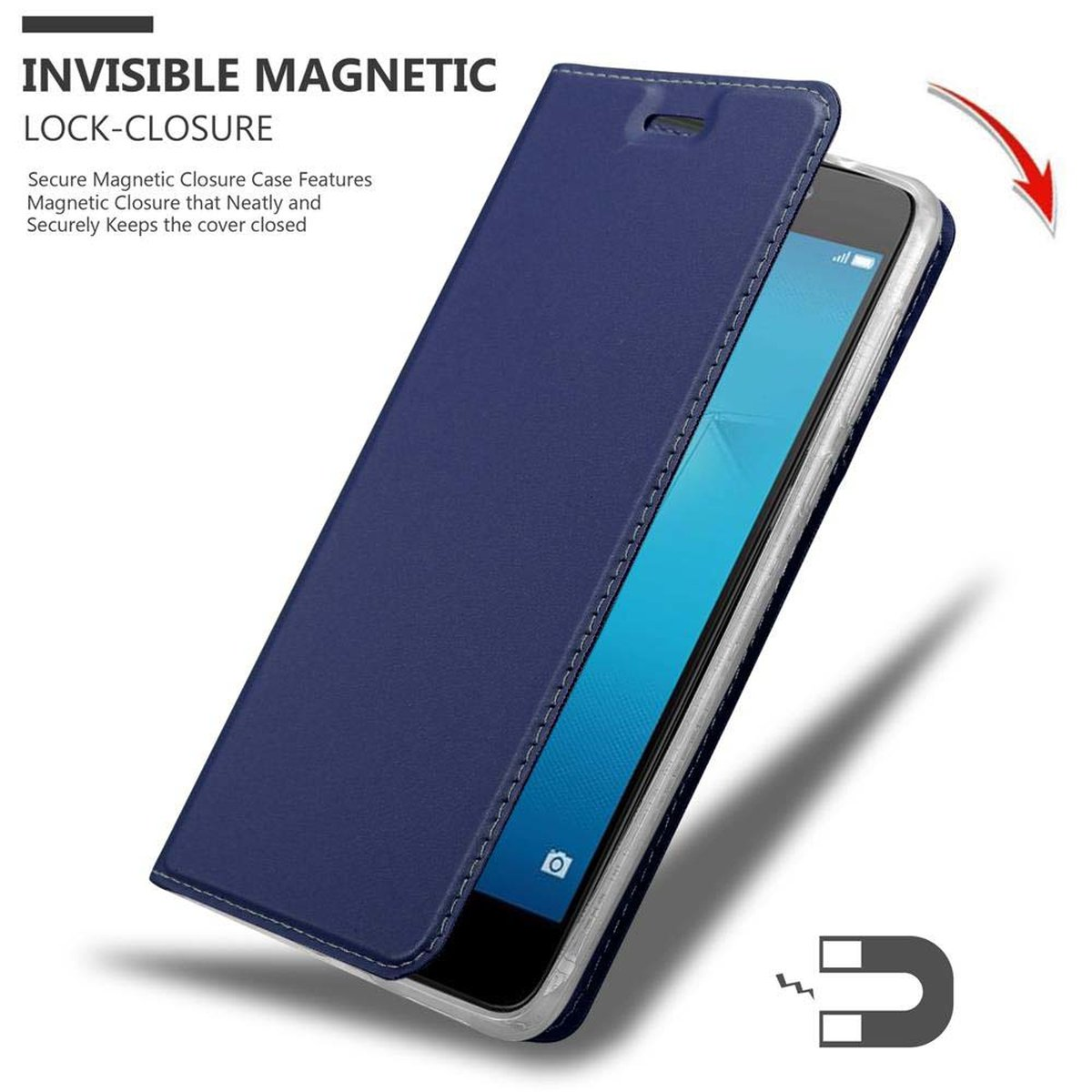 Custodia blu aperta con telefono, schermo e chiusura magnetica.