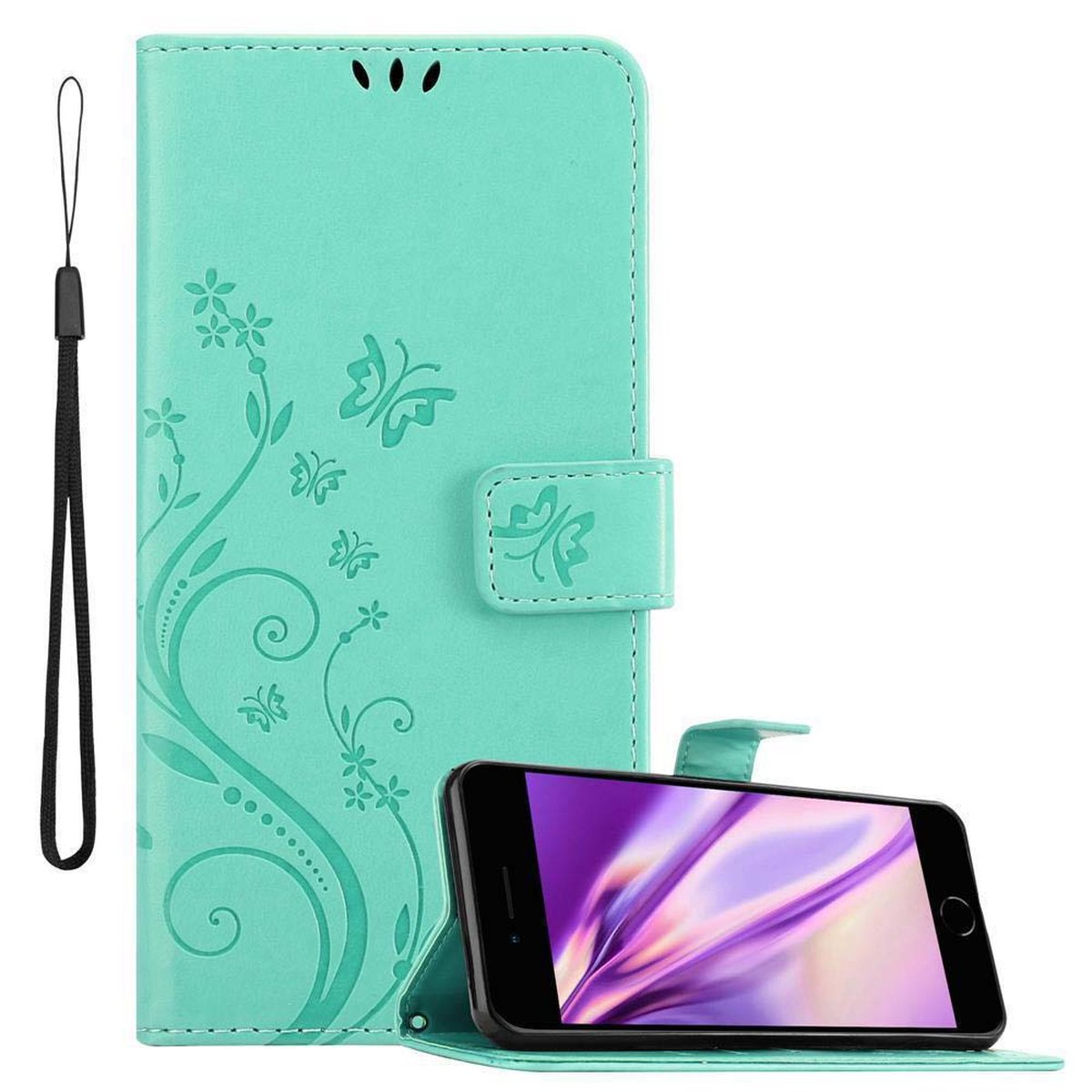 Eine türkisgrüne Handyhülle offen, Telefon innen. Hülle hat Schmetterlingsdesigns und eine Handschlaufe.