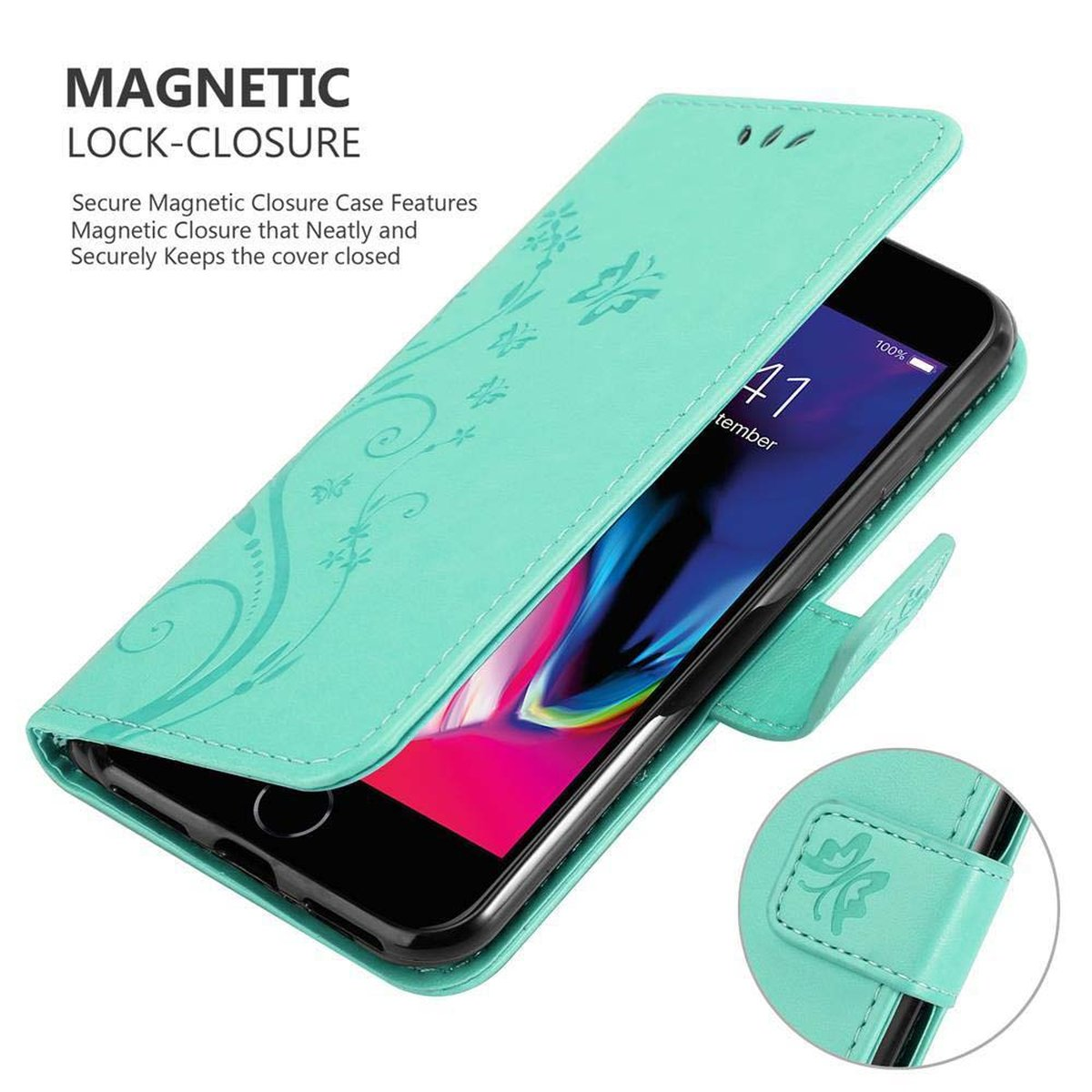 Türkisfarbene Handyhülle mit Telefon darin und floralem Design.