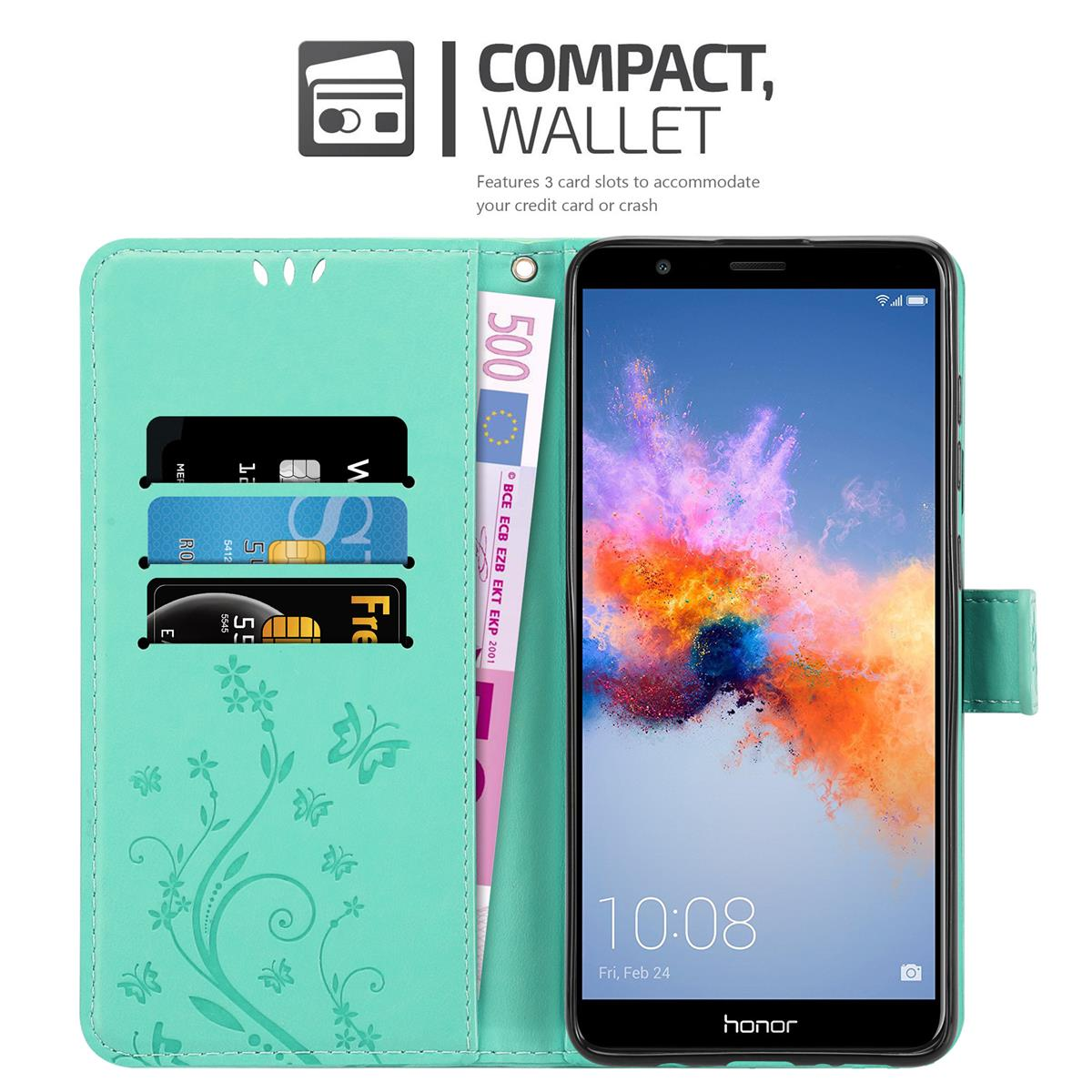 Custodia a portafoglio verde acqua con telefono, carte di credito e una banconota da 500 euro. Testo: 'Compact, Wallet'.