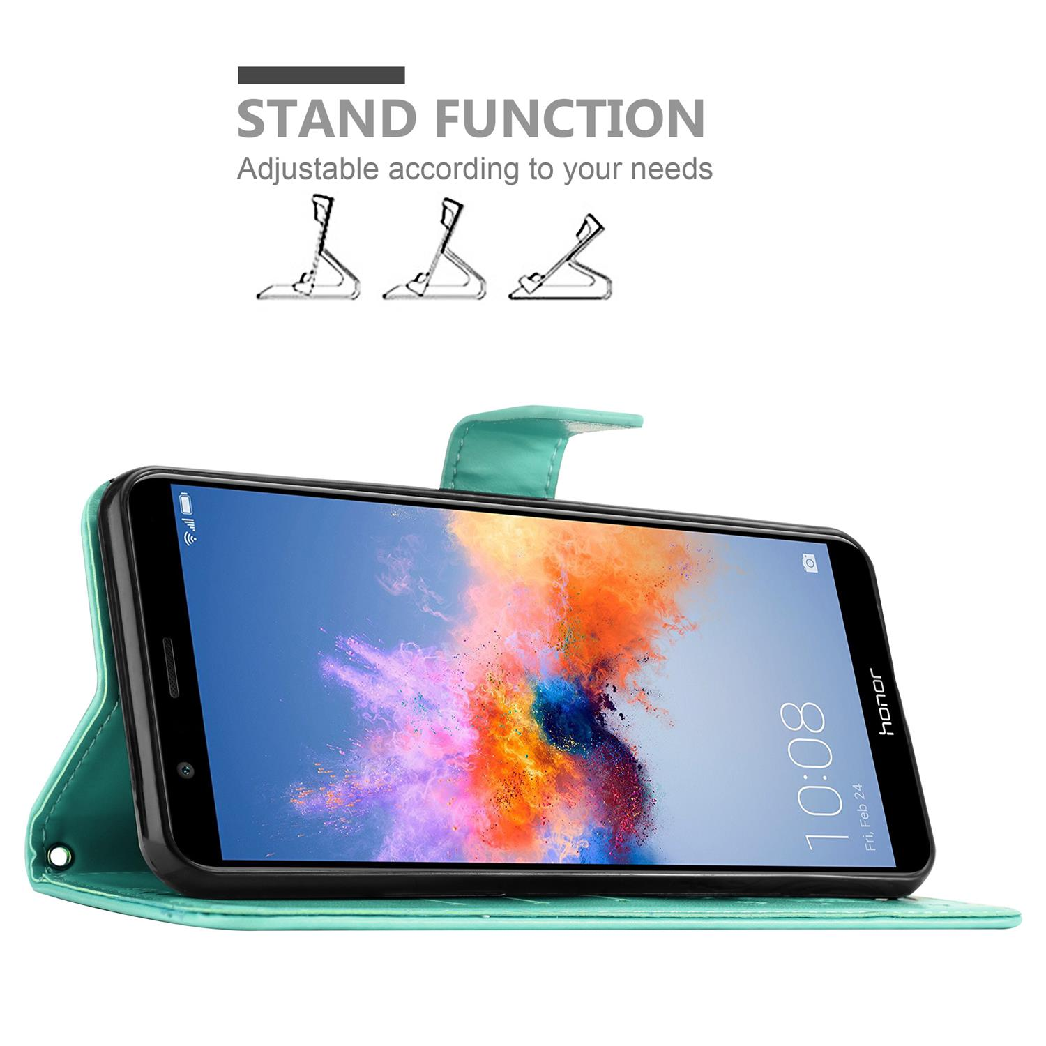 Custodia per telefono verde acqua con telefono rialzato. Lo schermo del telefono mostra un'immagine colorata. Testo: Funzione supporto.