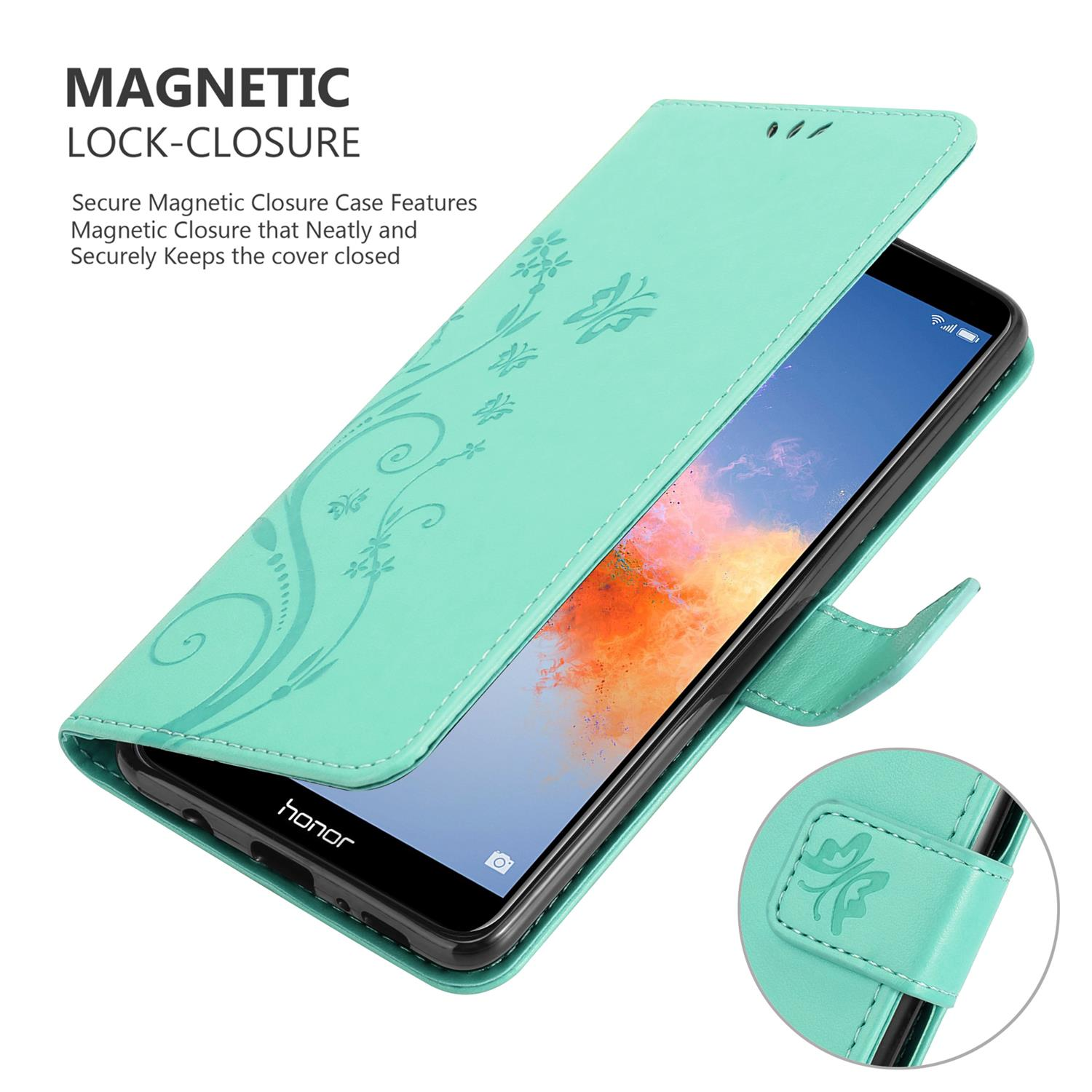 Una custodia per telefono verde acqua aperta con un telefono all'interno. La custodia ha disegni floreali. Il telefono è un Honor.