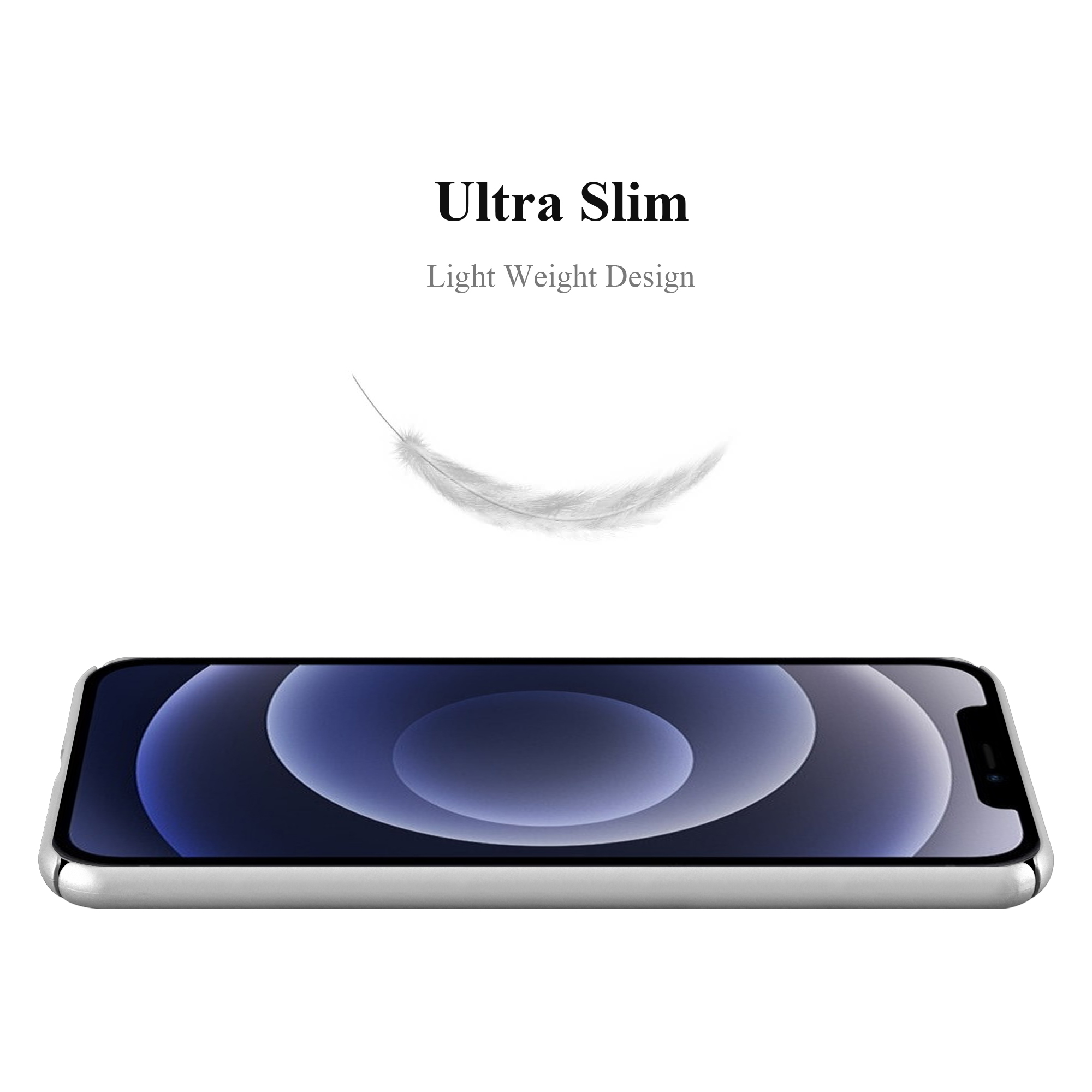 Weißes Smartphone mit schwarzem Bildschirm, Feder schwebt. Text: Ultra Slim, Light Weight Design.