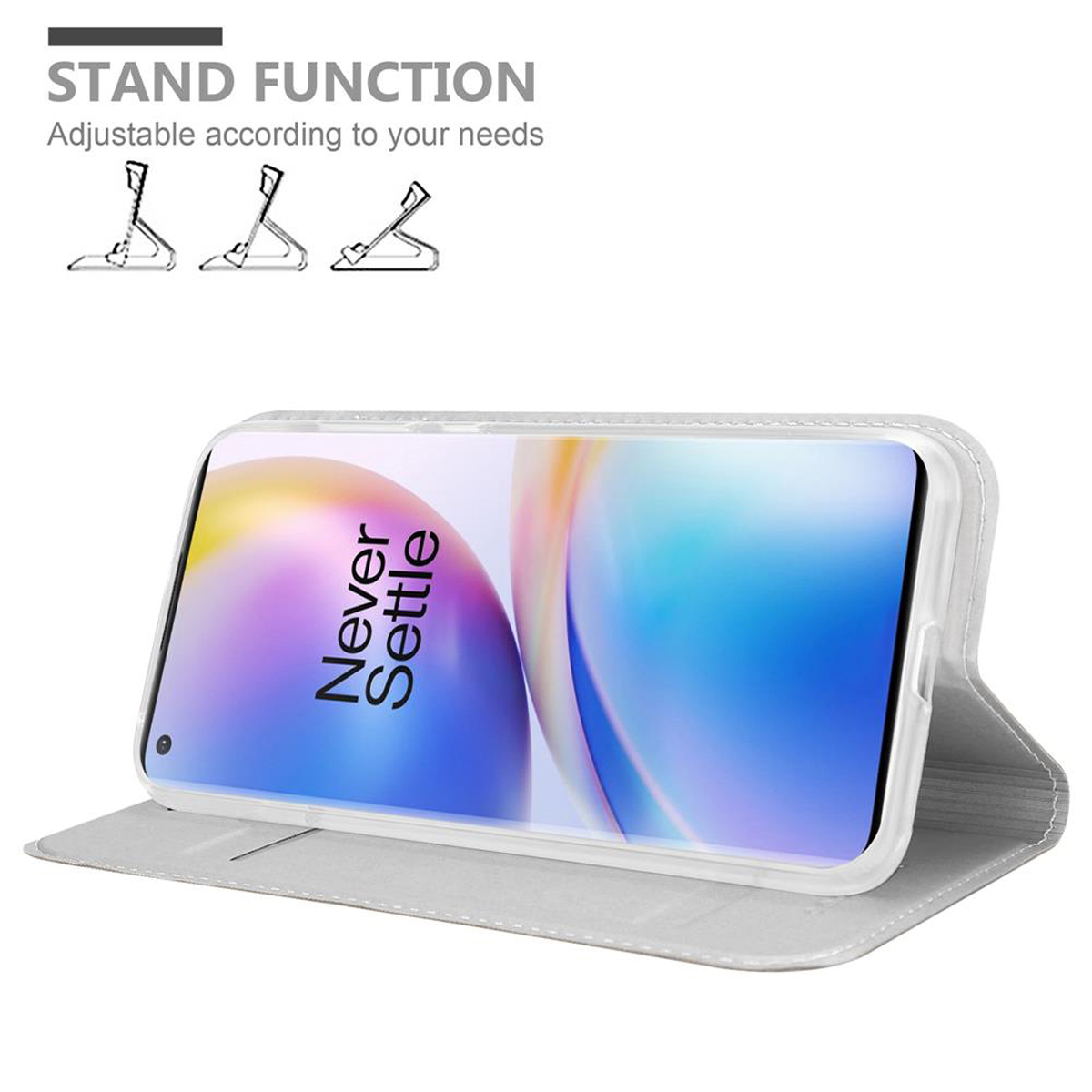 Custodia bianca con un telefono dentro, in piedi. Testo: Funzione stand. Regolabile in base alle tue esigenze.