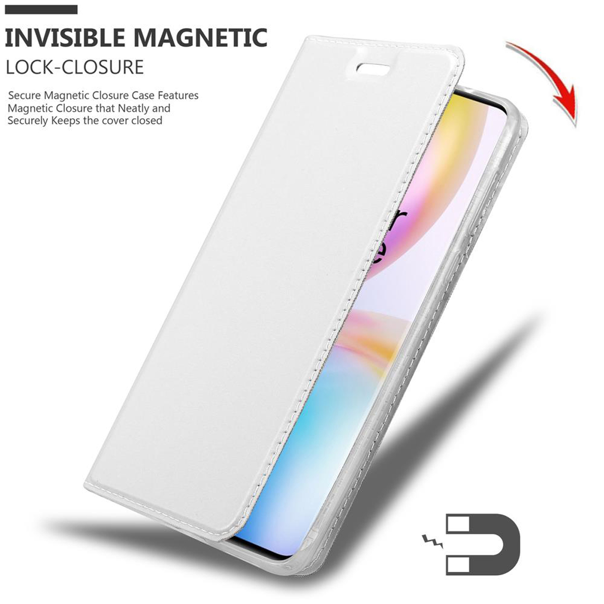 Una custodia bianca per telefono aperta per rivelare un telefono. Il magnete e la freccia indicano la chiusura.