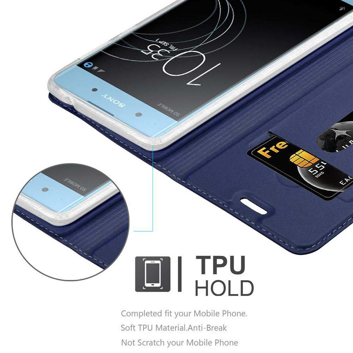 Telefono in custodia blu. Custodia aperta, slot per schede e scheda. Testo mostra TPU hold. Sfondo bianco.