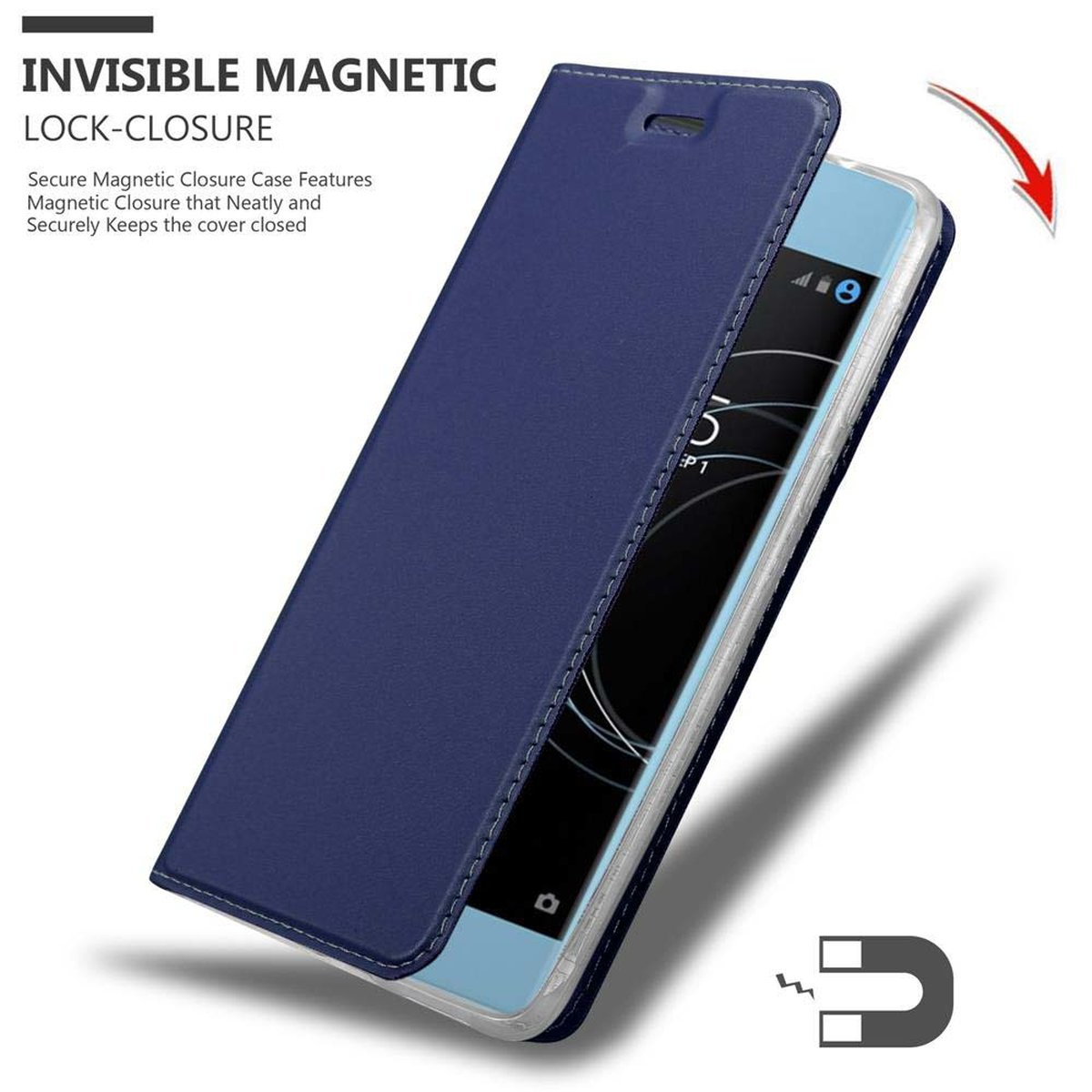 Custodia per telefono blu, chiusa con chiusura magnetica. Il telefono è visibile.