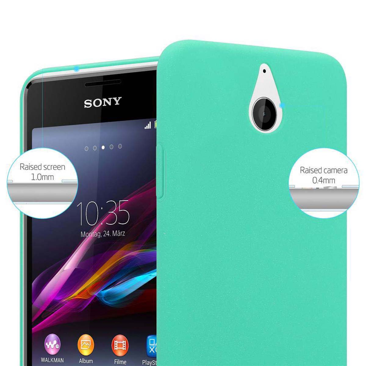 Telefono Sony in custodia verde acqua. Lo schermo mostra l'ora e altre icone.