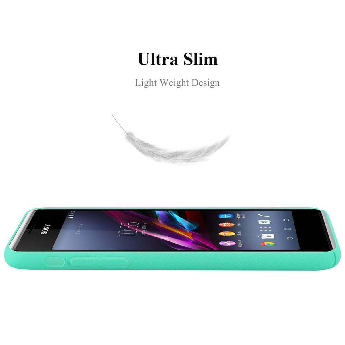 Un telefono turchese in una custodia, una piuma sopra e il testo 'Ultra Slim Light Weight Design'.