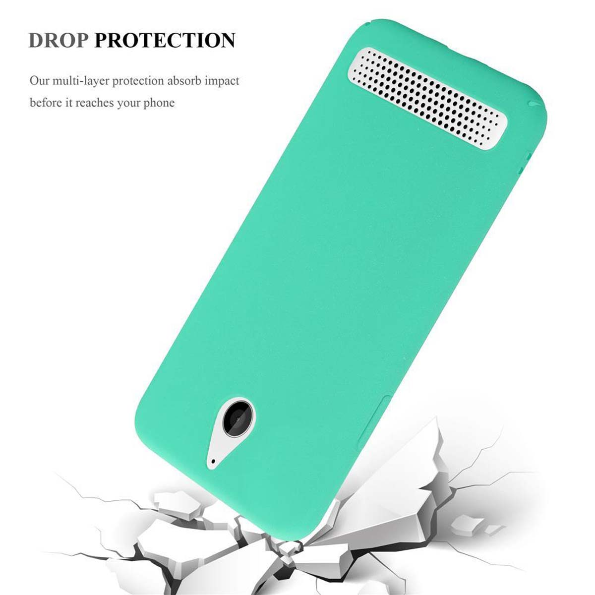Una custodia per telefono color verde acqua è angolata sopra una superficie rotta. Il testo 'Drop Protection' è in alto.