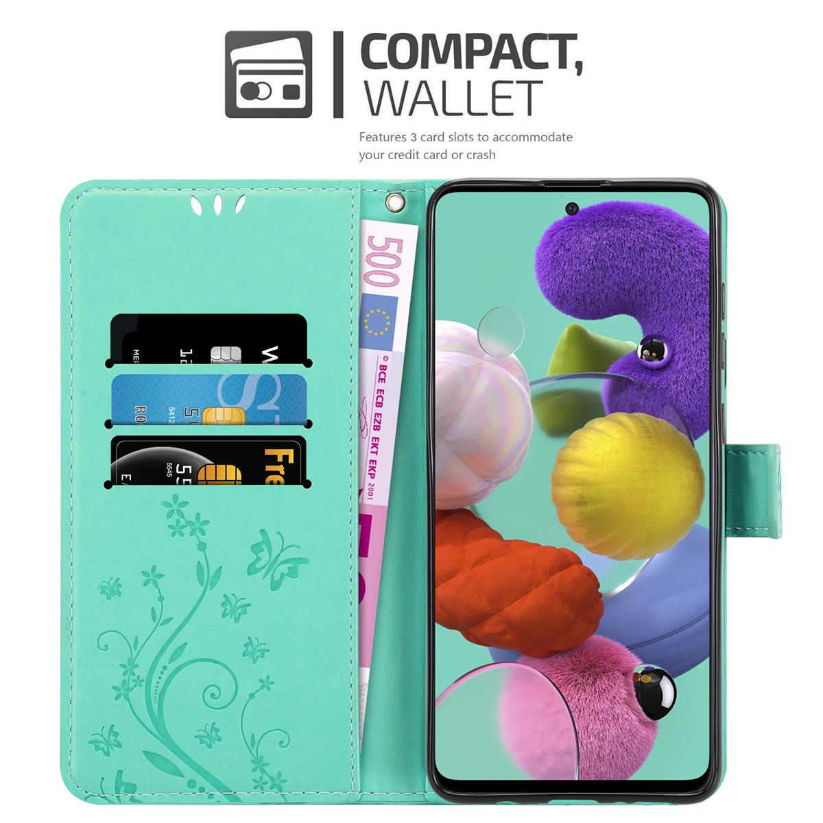 Samsung, FLORAL CADORABO 5G, TÜRKIS Galaxy Blumen Case, Bookcover, Muster Hülle A51 Flower