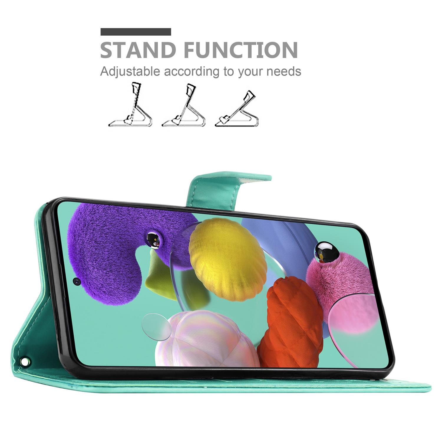 Custodia turchese con telefono in posizione stand e diagramma funzione stand. Schermo visibile.