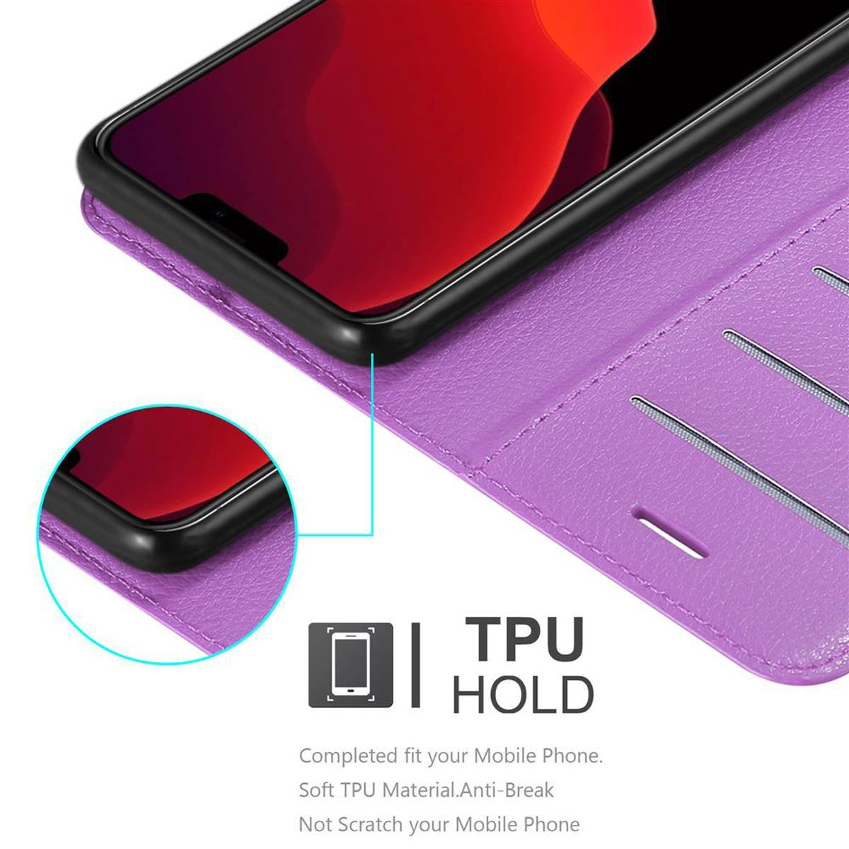 Custodia per telefono viola con un telefono all'interno. Il testo recita 'TPU Hold'.