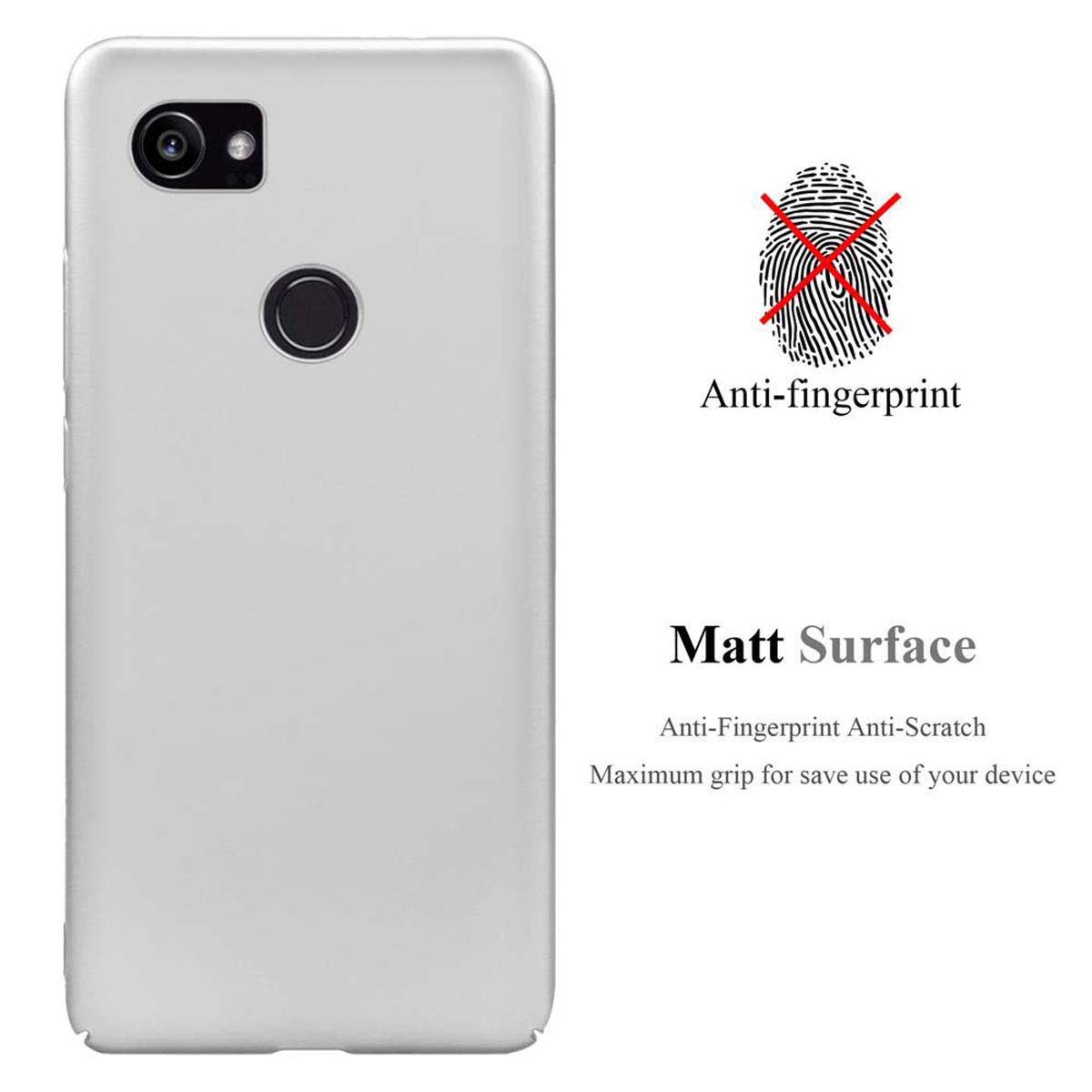 Weiße Handyhülle mit einem Telefon und Text mit der Aufschrift Anti-Fingerabdruck.