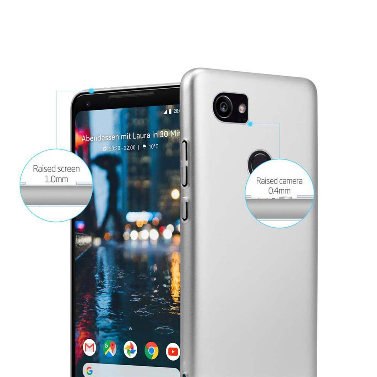 Silbernes Telefon in silbernem Gehäuse. Text 'Erhöhter Bildschirm' und 'Erhöhte Kamera' mit Maßen.