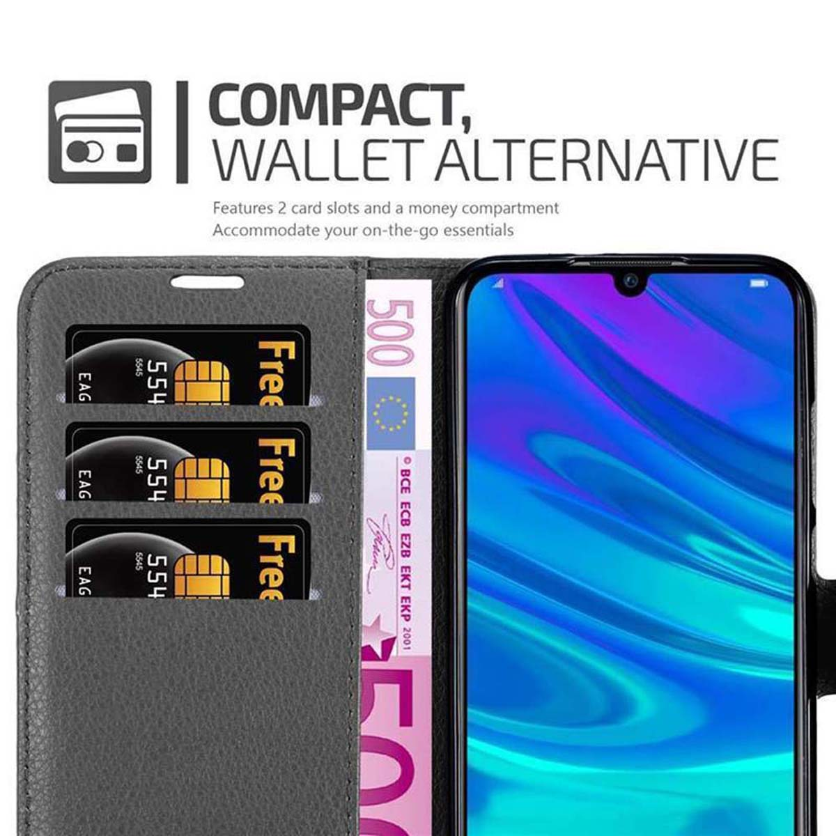 Custodia per telefono aperta con tre slot per carte e denaro. Il telefono è mostrato sul lato destro.