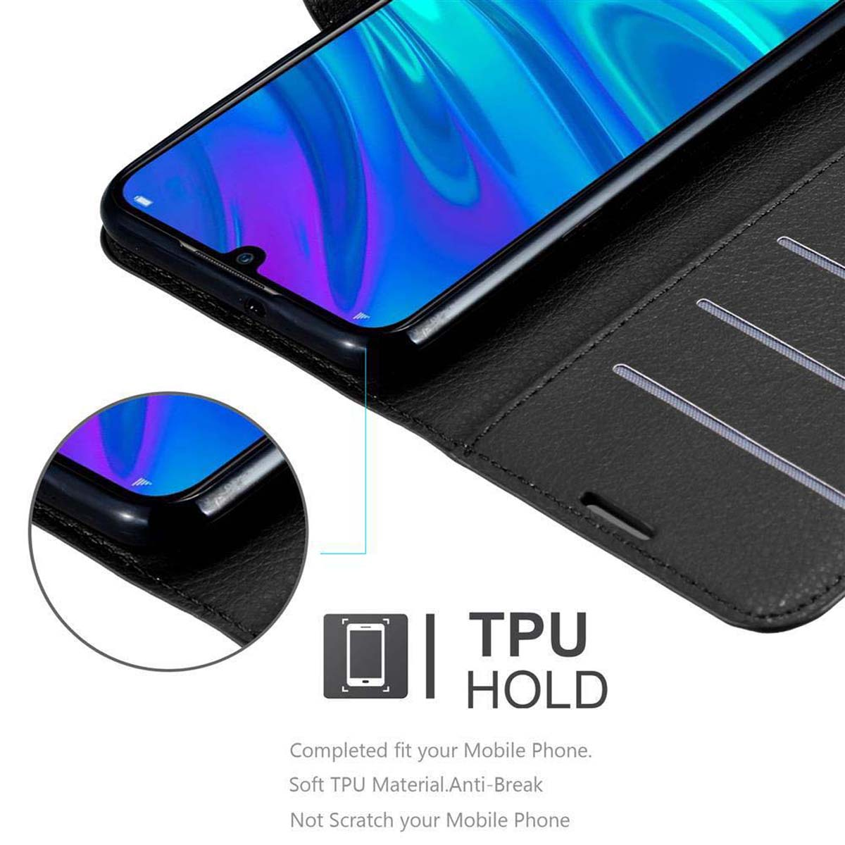 Custodia per telefono con telefono all'interno. Testo e grafica sulla protezione TPU.