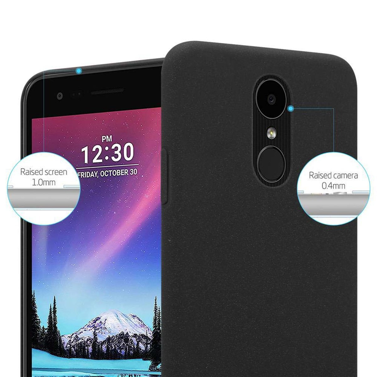 Un telefono nero con uno schermo che mostra l'ora e una scena di montagna, con indicatori di testo della fotocamera e dello schermo.