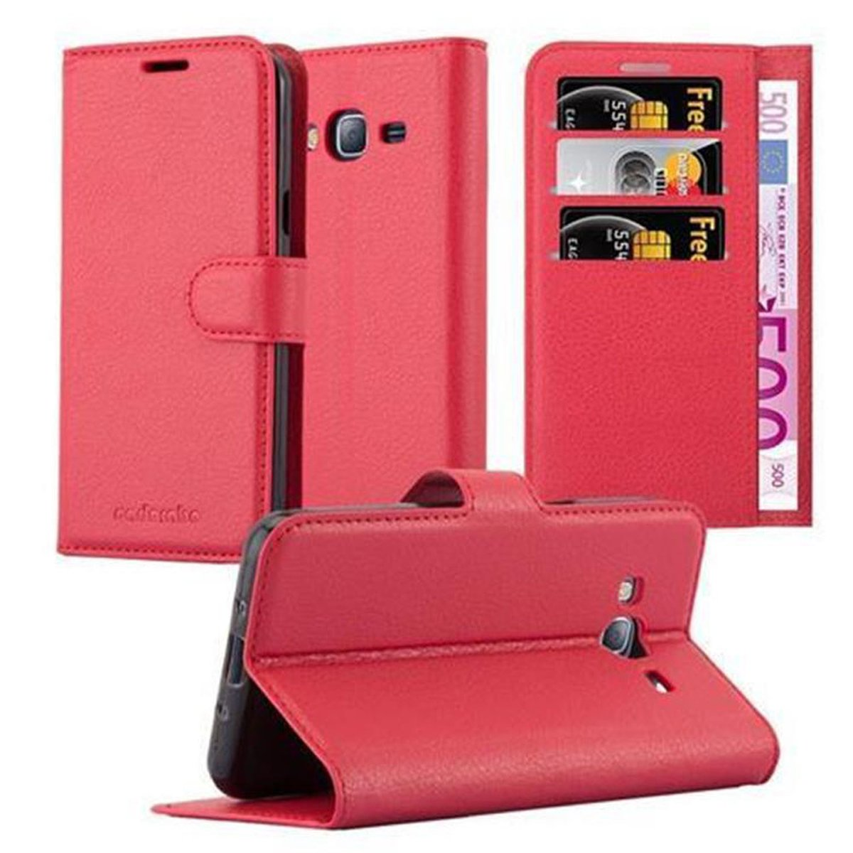 J3 Galaxy 2016, KARMIN Book Hülle ROT CADORABO Samsung, Standfunktion, Bookcover,