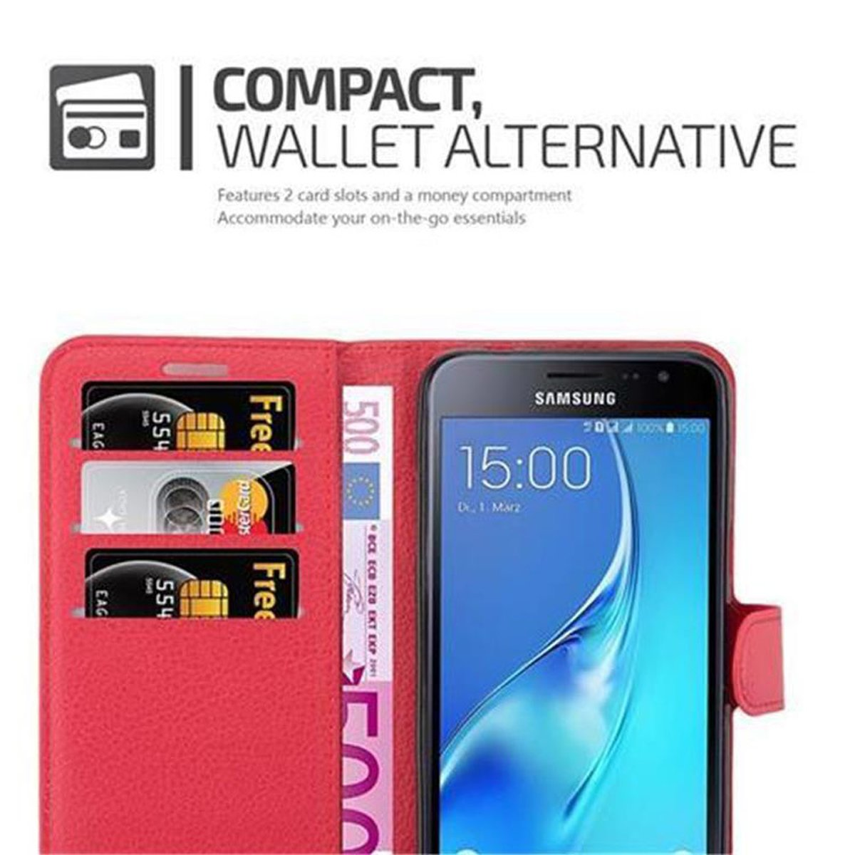 CADORABO Book Samsung, 2016, Standfunktion, Bookcover, Hülle Galaxy J3 KARMIN ROT