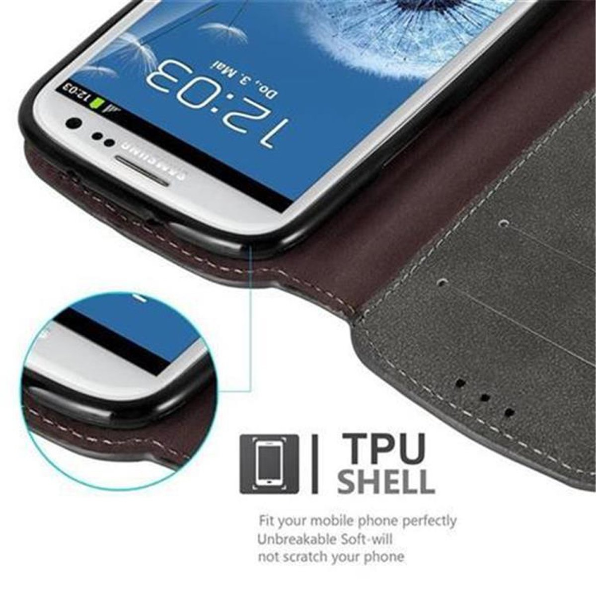 Teléfono en funda, mostrando la hora, con una descripción de la carcasa de TPU.