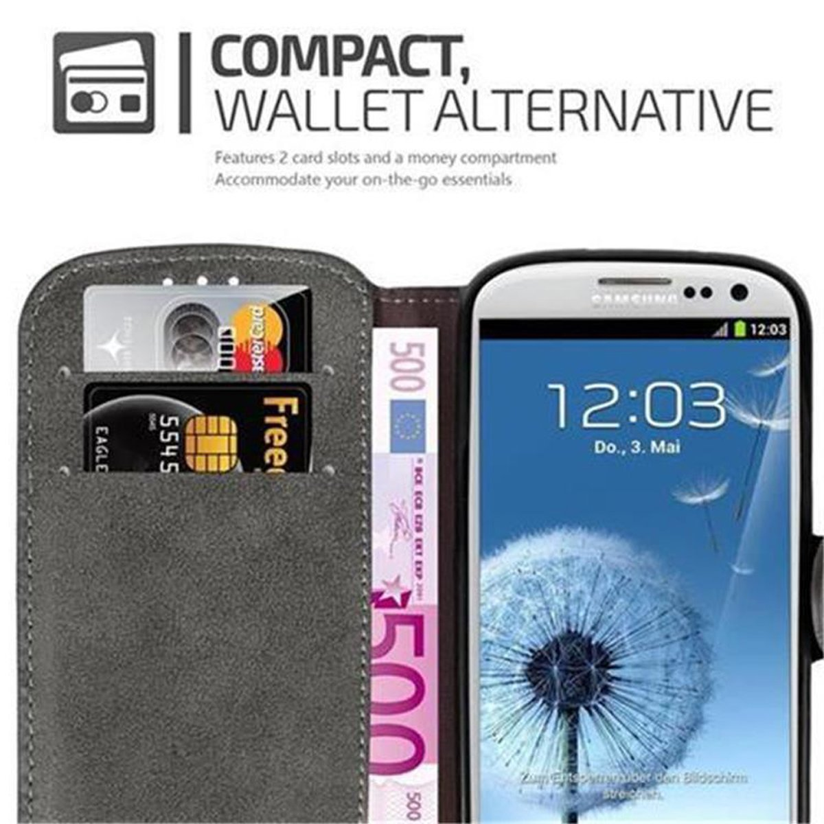 Cartera de teléfono con tarjetas y dinero. La pantalla del teléfono muestra la hora. Texto: Compacto, Alternativa a la cartera.