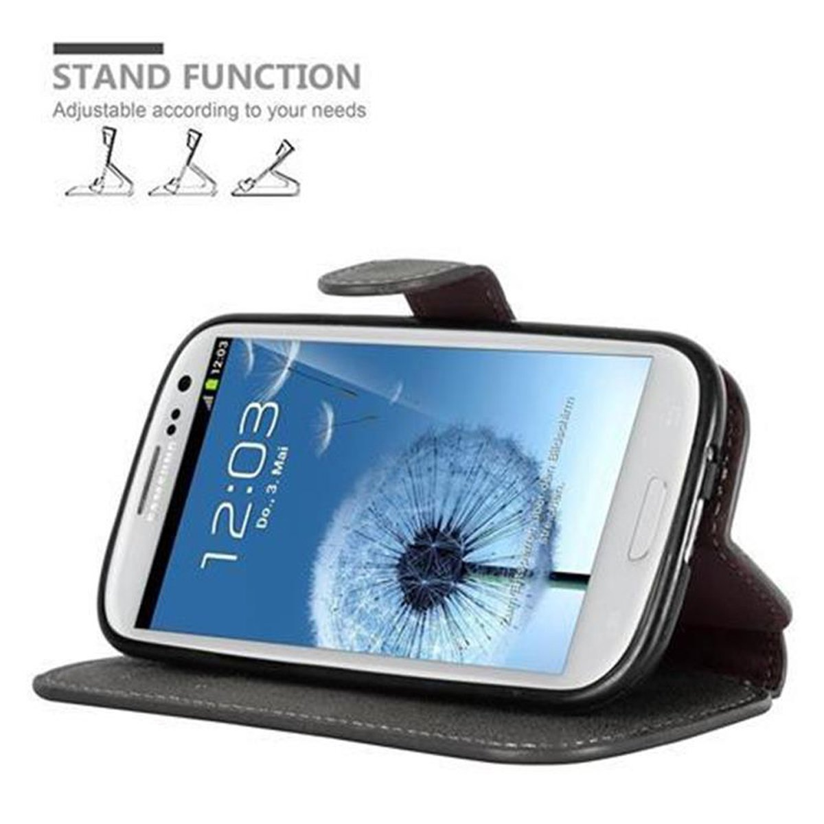Teléfono en una funda negra. El teléfono muestra la hora: 12:03. El texto dice 'Stand Function'.