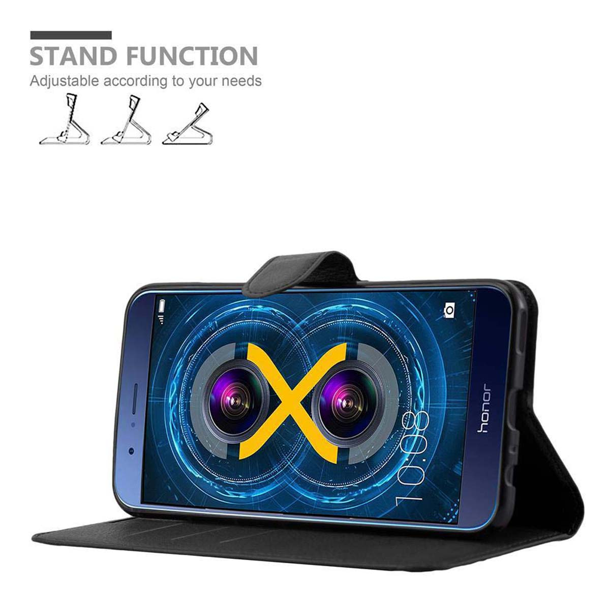 Schwarze Handyhülle mit Standfunktion, zeigt ein Telefon mit blauem Bildschirm, Text: Standfunktion.