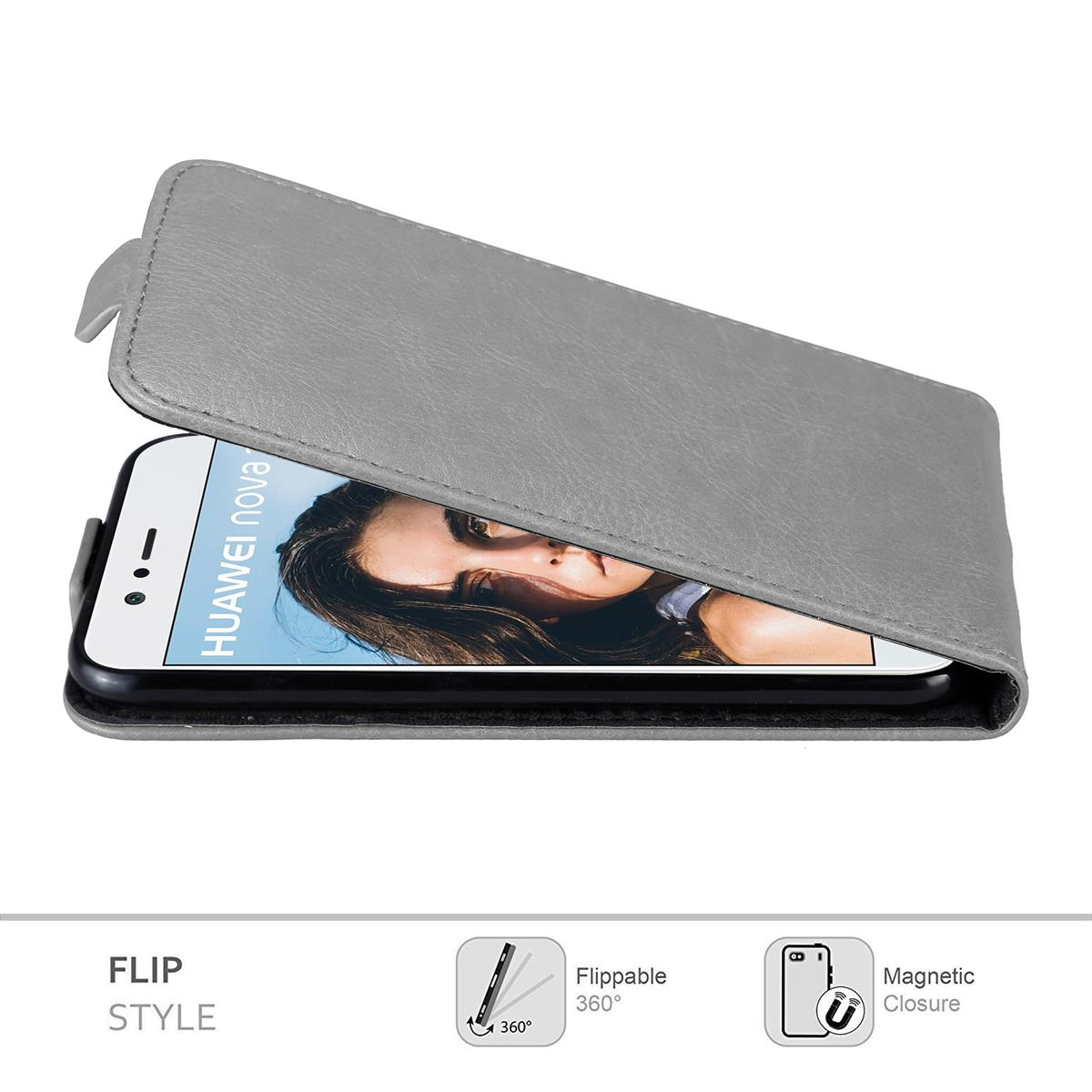 Graue Handyhülle mit einem Telefon darin. Das Telefon zeigt das Huawei Nova-Logo.