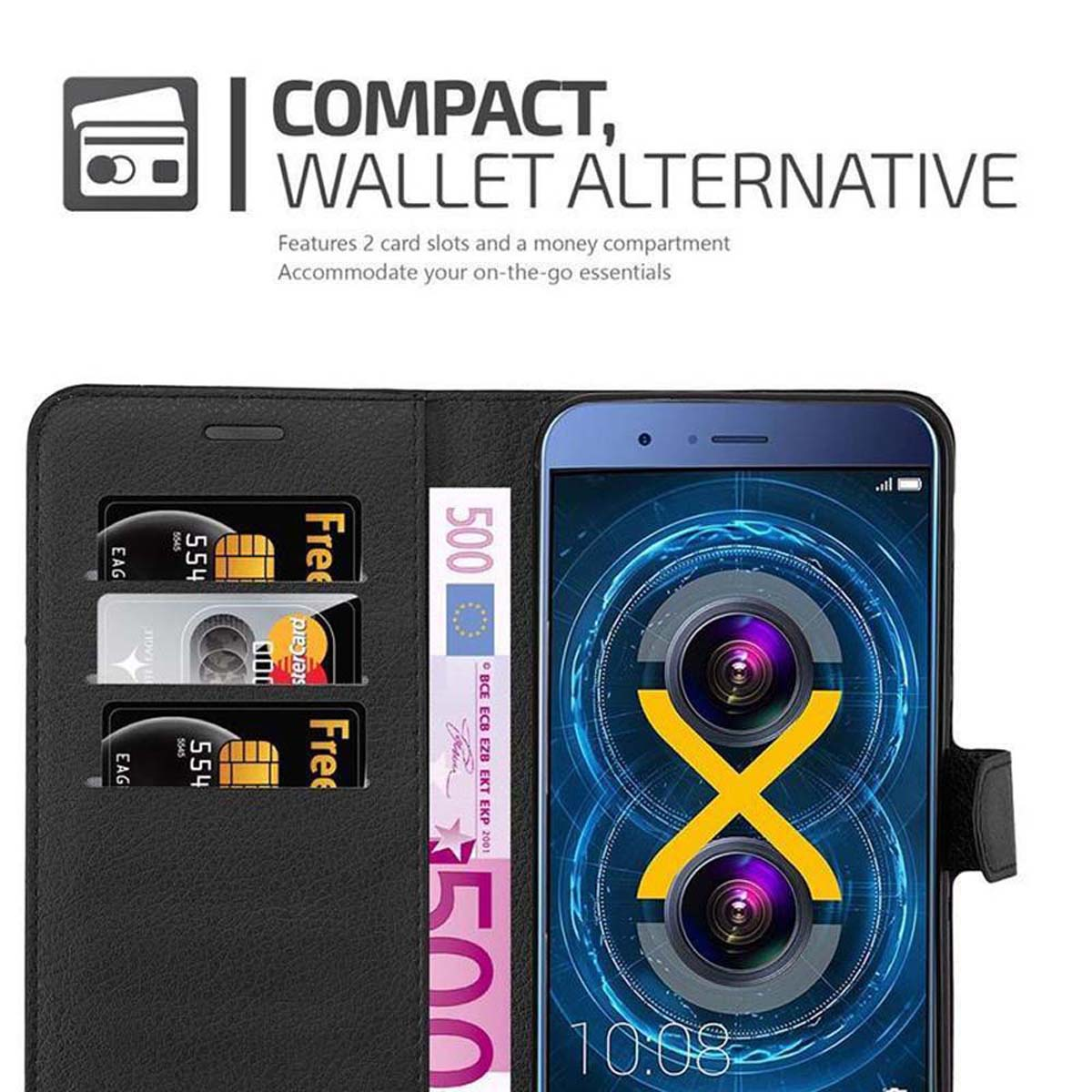 Telefon in Brieftasche mit Geld und Karten. Text 'Kompakte Geldbörsen-Alternative'. Telefonbildschirm wird angezeigt.