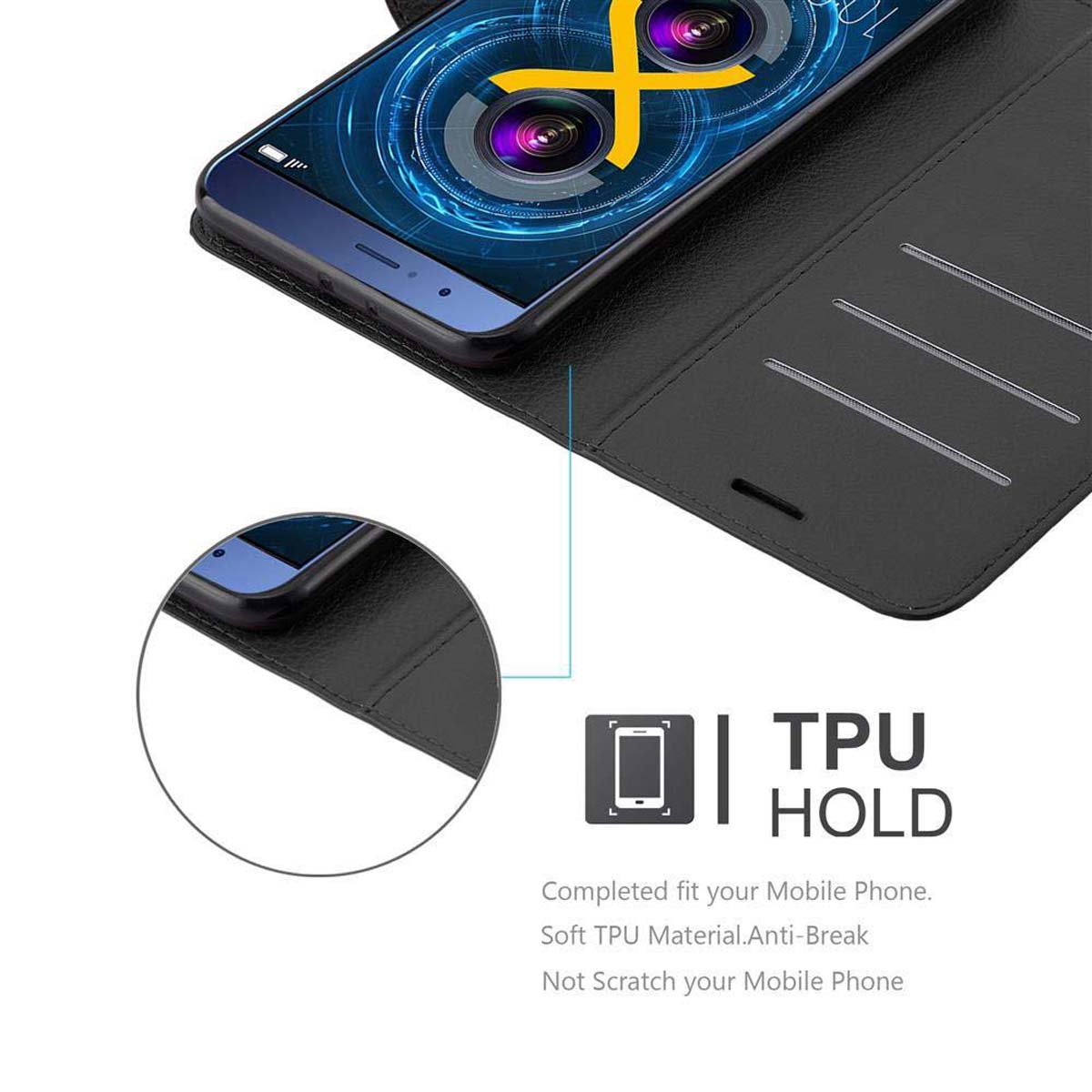 Telefon in schwarzem Gehäuse. Der Bildschirm zeigt eine farbenfrohe Grafik. Gehäuse hat TPU HOLD.