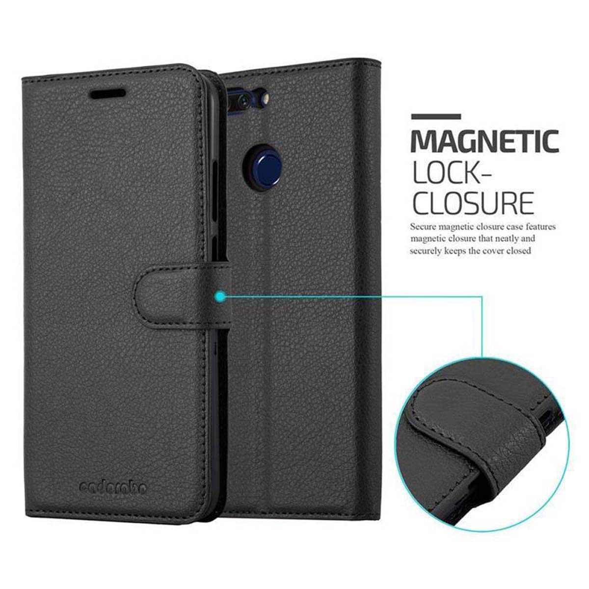 Eine geschlossene schwarze Leder-Handyhülle mit Magnetverschluss, die die Hülle und Innenseite zeigt.
