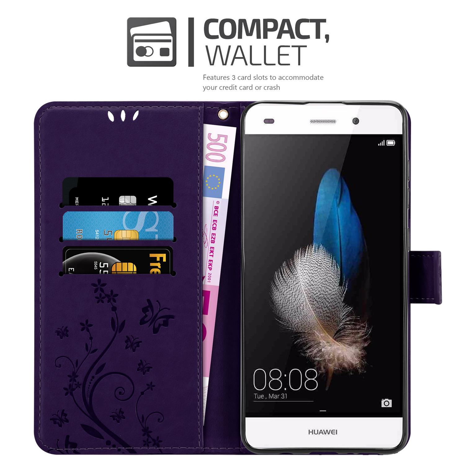 Una custodia per telefono viola, con un telefono, carte e una banconota da 500 euro. Testo: COMPACT, WALLET.