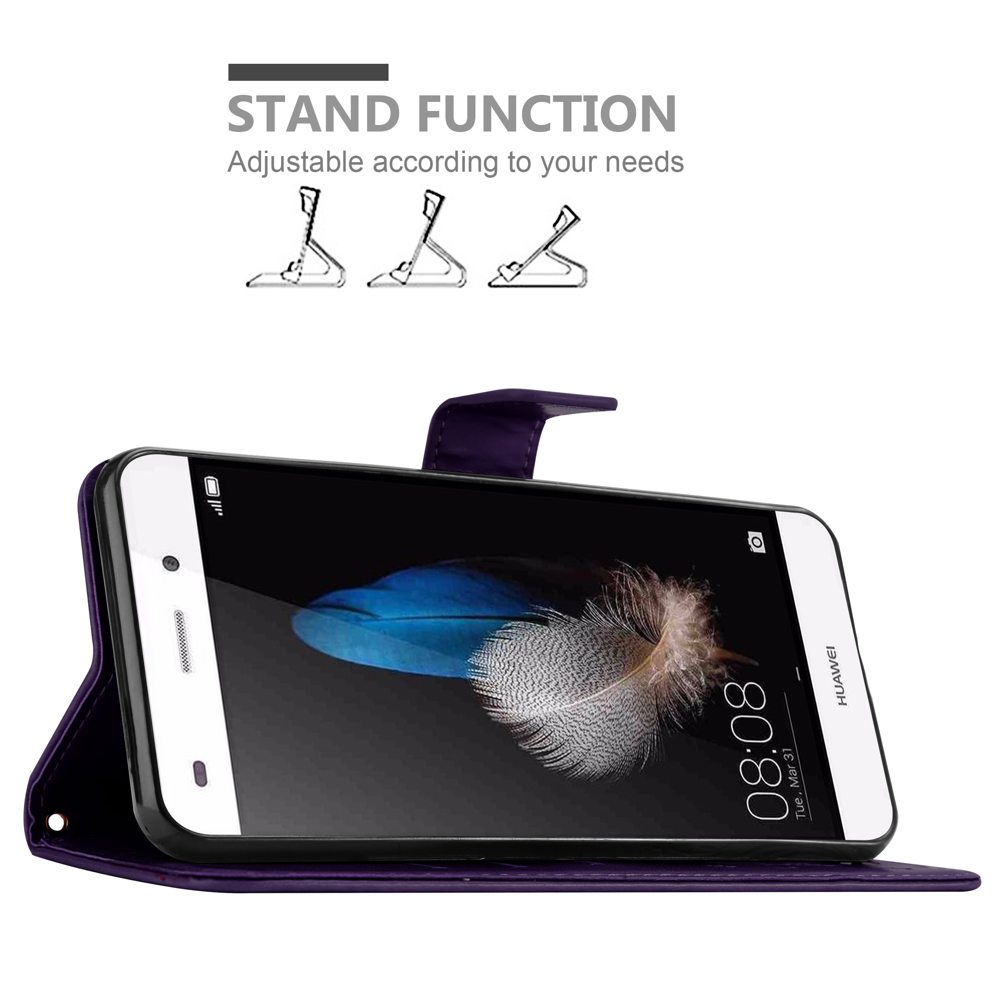 Telefono in custodia viola. Lo schermo mostra una piuma. Custodia con funzione stand.