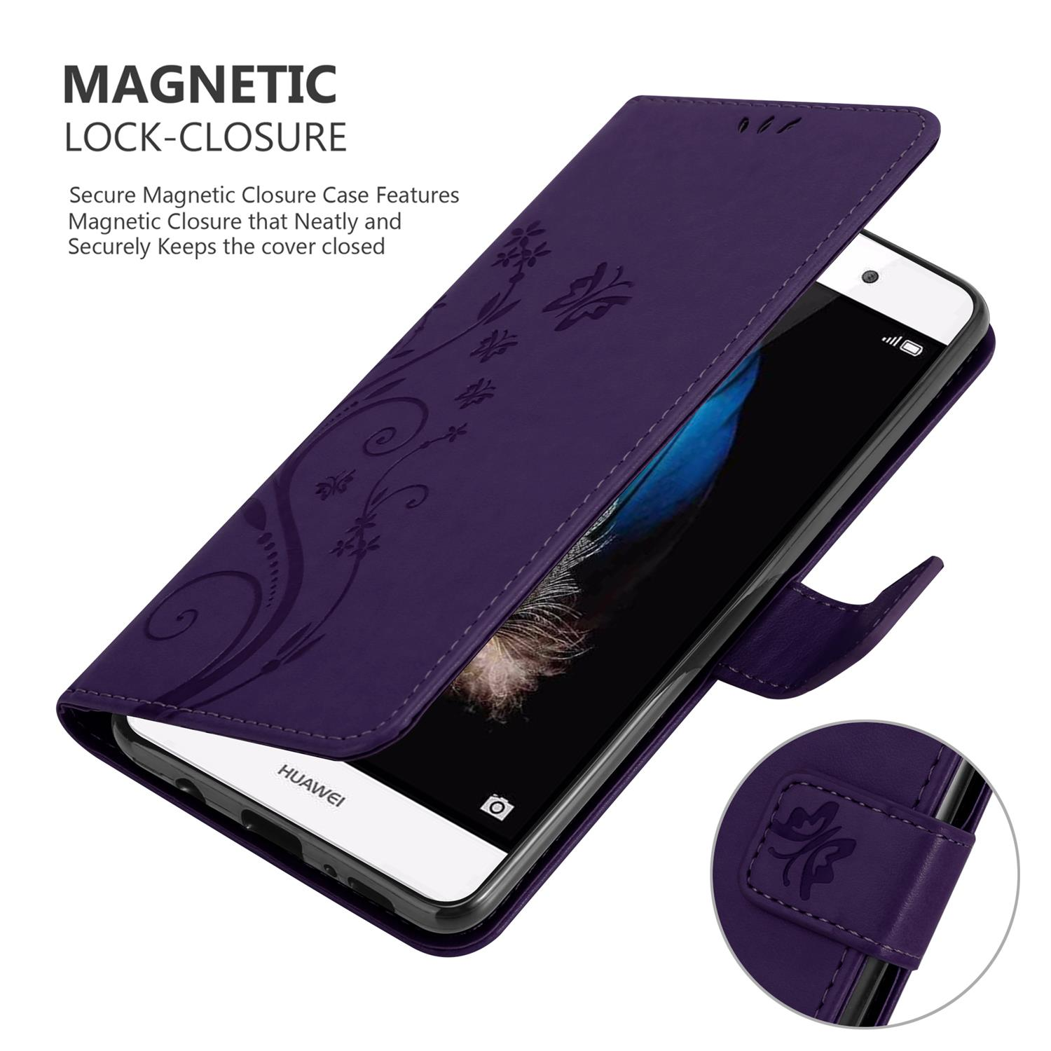Custodia per telefono viola con design floreale, aperta, che mostra un telefono. Dettaglio della chiusura magnetica.
