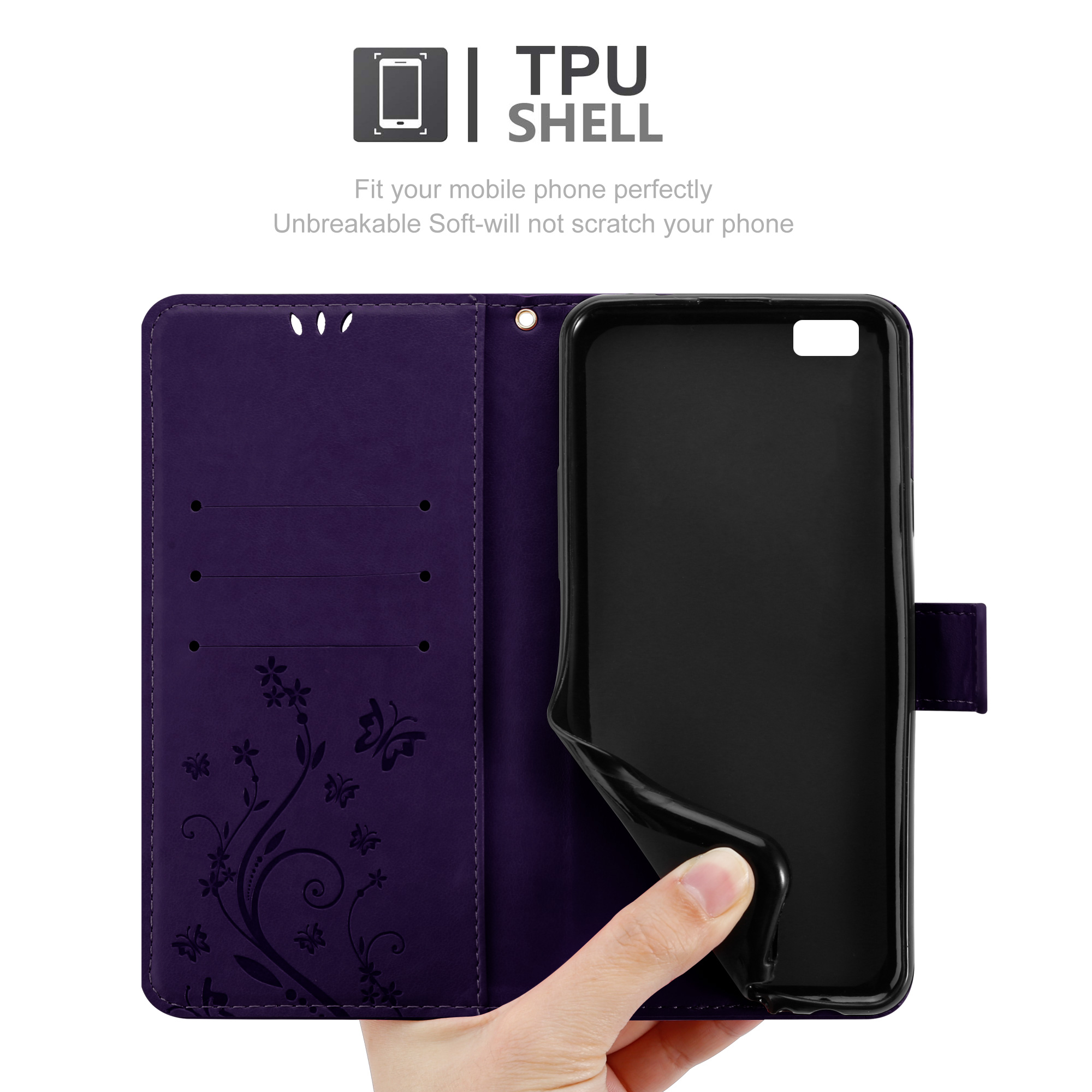 Custodia per telefono viola con design floreale, telefono nero all'interno, mano che tiene la cover.