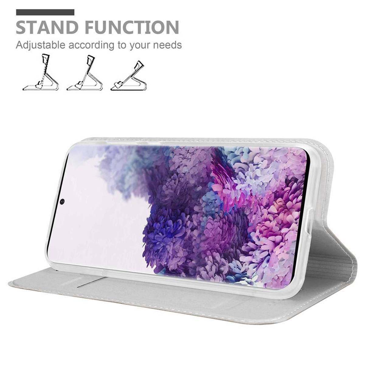 Handyhülle mit Standfunktion, zeigt ein Telefon mit lila Bildschirm. Text: Standfunktion.
