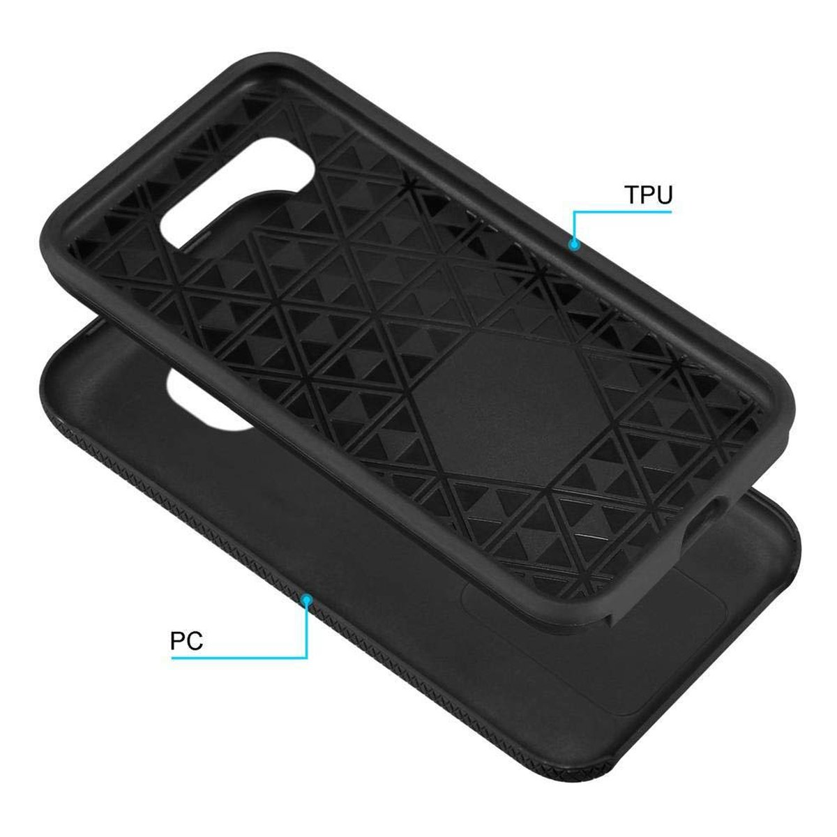 Custodia per telefono nera con TPU e PC. Il TPU è la parte interna, il PC lo strato esterno della custodia.